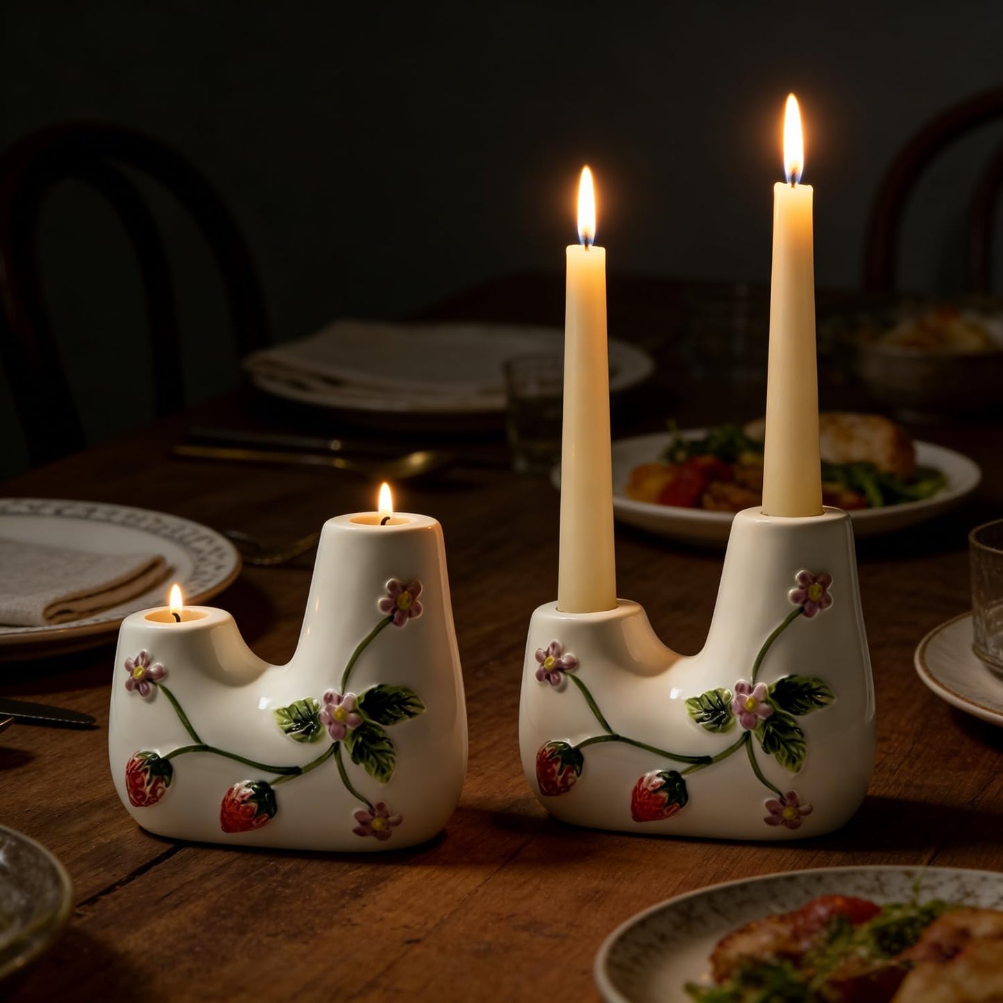 Ceramic Candle Holder Set of 1, Double Tapered Candlestick Holders with Strawberry 3D Relief Design, for Dining Table, Wedding, Home Decor, and Mantelpiece - White