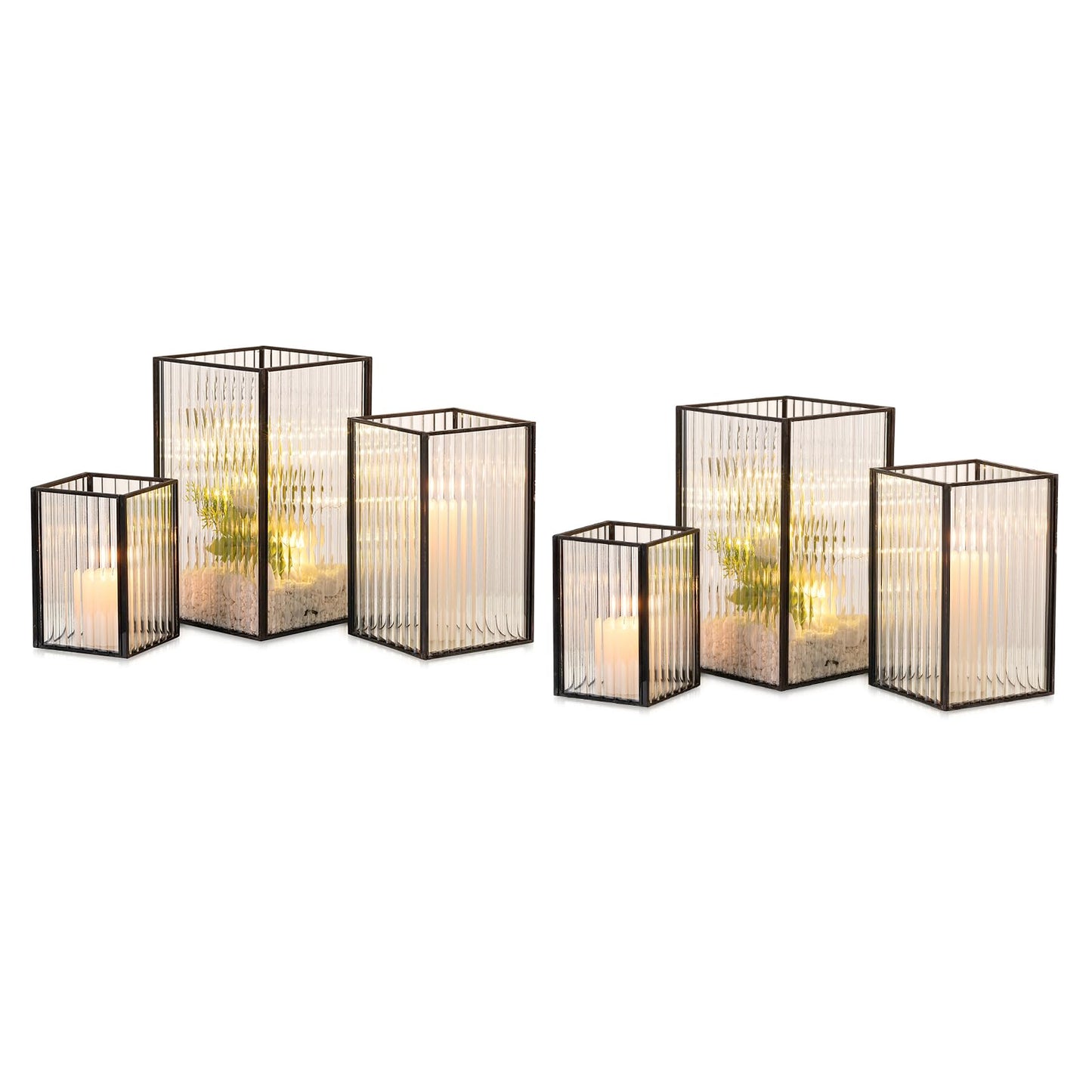 Hewory Black Hurricane Candle Holder: 6 PCS Ribbed Hurricane Glass Candle Holders for Pillar Candles, Square Pillar Candle Holders for Table Centerpiece Wedding Christmas, Home Decor for Kitchen Patio