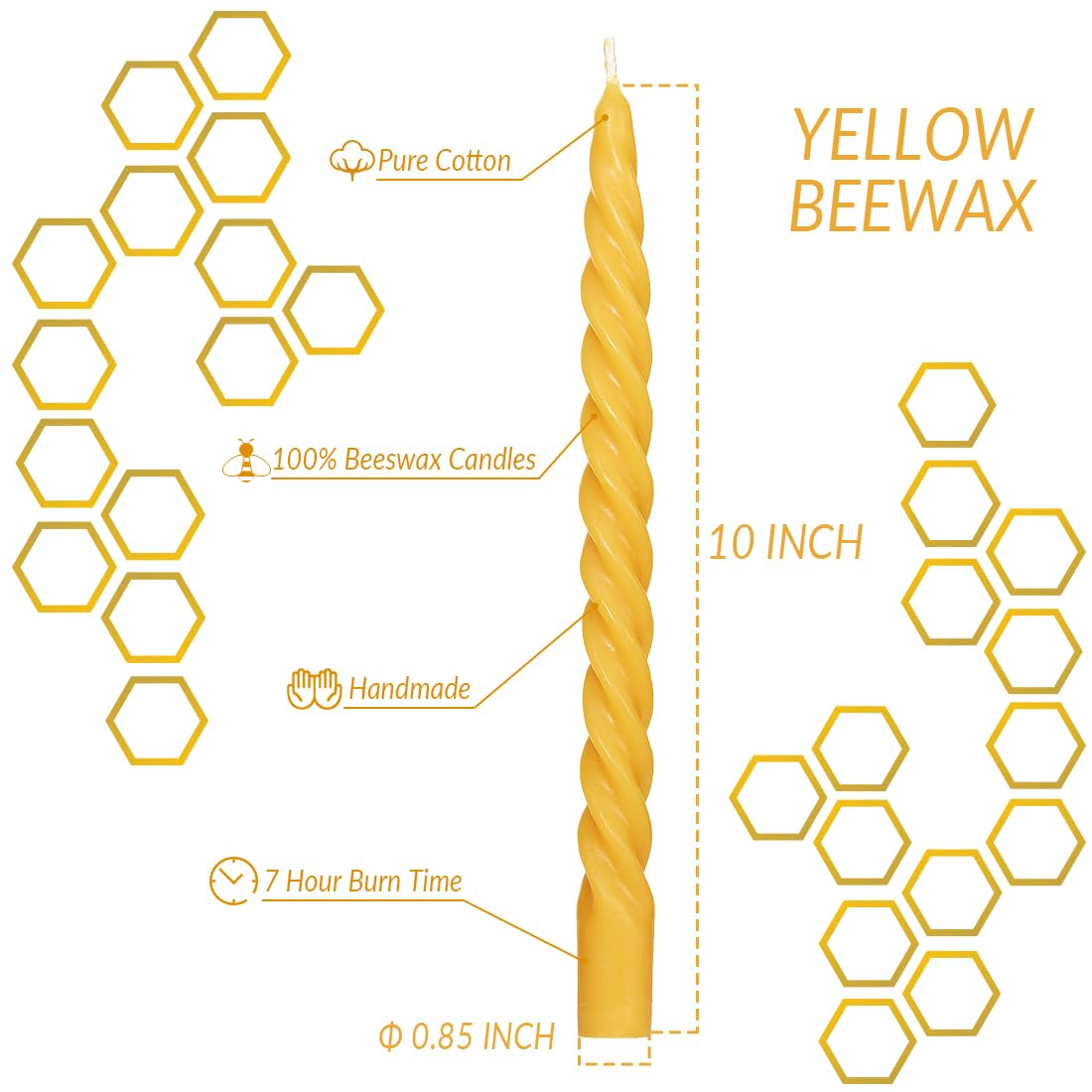 Natural Beeswax Spiral Taper Candles Bulk -12 pcs - Organic Dripless Long Candle Sticks for Dinner Wedding Party Christmas Home Decorations - 10 Inch Tall - Yellow