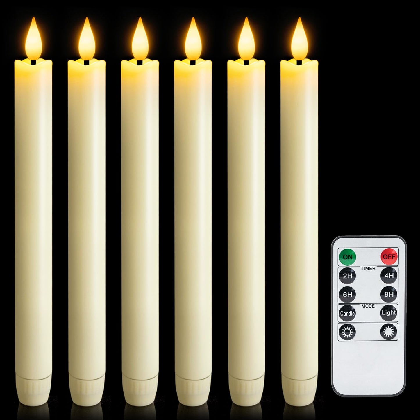 Meigic 6 Pcs Flameless Taper Candles with Remote Timer Dimmer, 9.6 inches Ivory Plastic LED Candlesticks, Battery Operated LED Candles, for Indoor Home Wedding Christmas Decoration