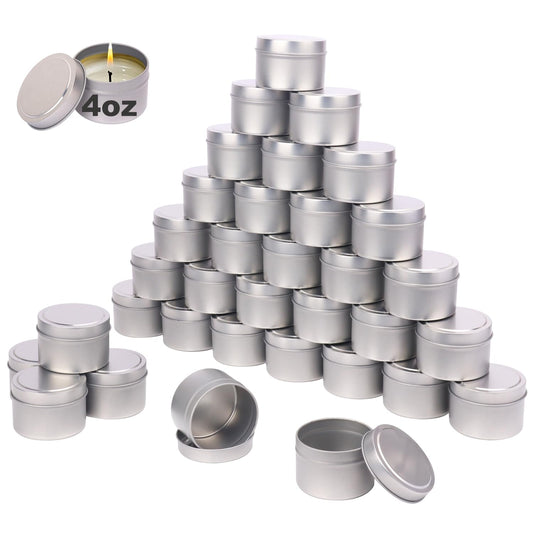 Biugaaufai 48 Pack 4 oz Sliver Metal Candle Tins with Lids, Round, Matte Finish, for DIY Candle Making and Storage