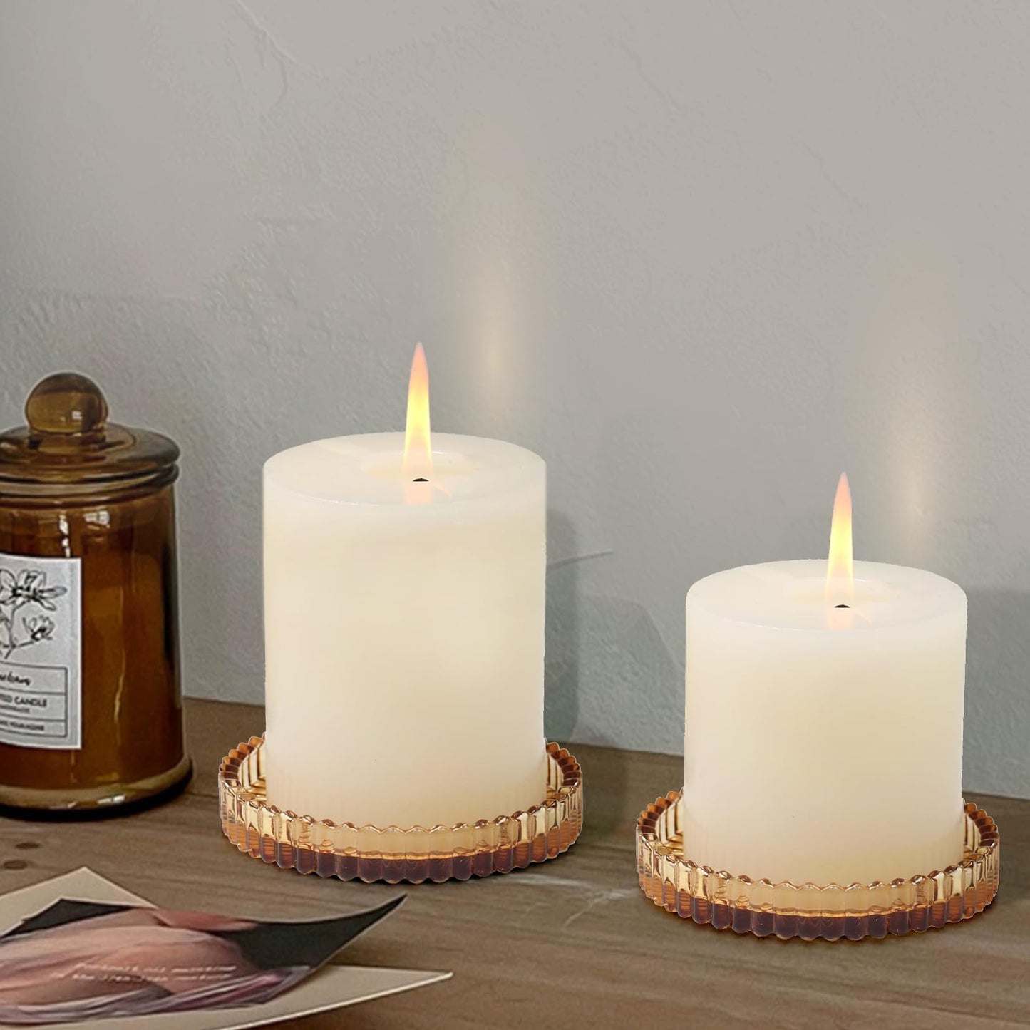 CHOCSTAY Glass Pillar Candle Holder, 4" Amber Candle Plates Set of 6, Glass Candle Holders for Wedding, Party, Holiday, Home Decor, Table Centerpiece