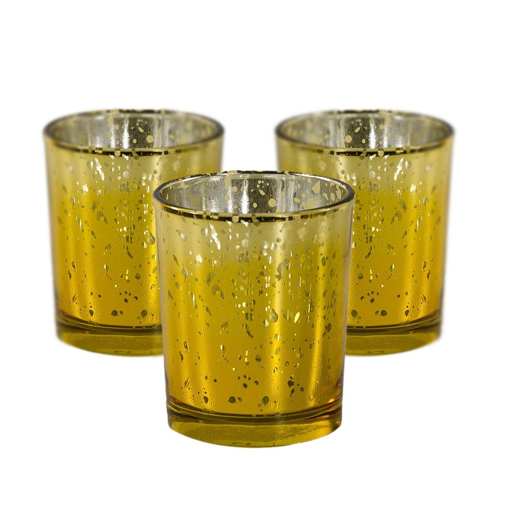 Mister Candle Unscented Gold Mercury Glass Votive Candles, 2" Filled Candle Jars for Centerpieces, Wedding Décor, Events, Home & Party Ambiance, Set of 12 Hand Made in USA