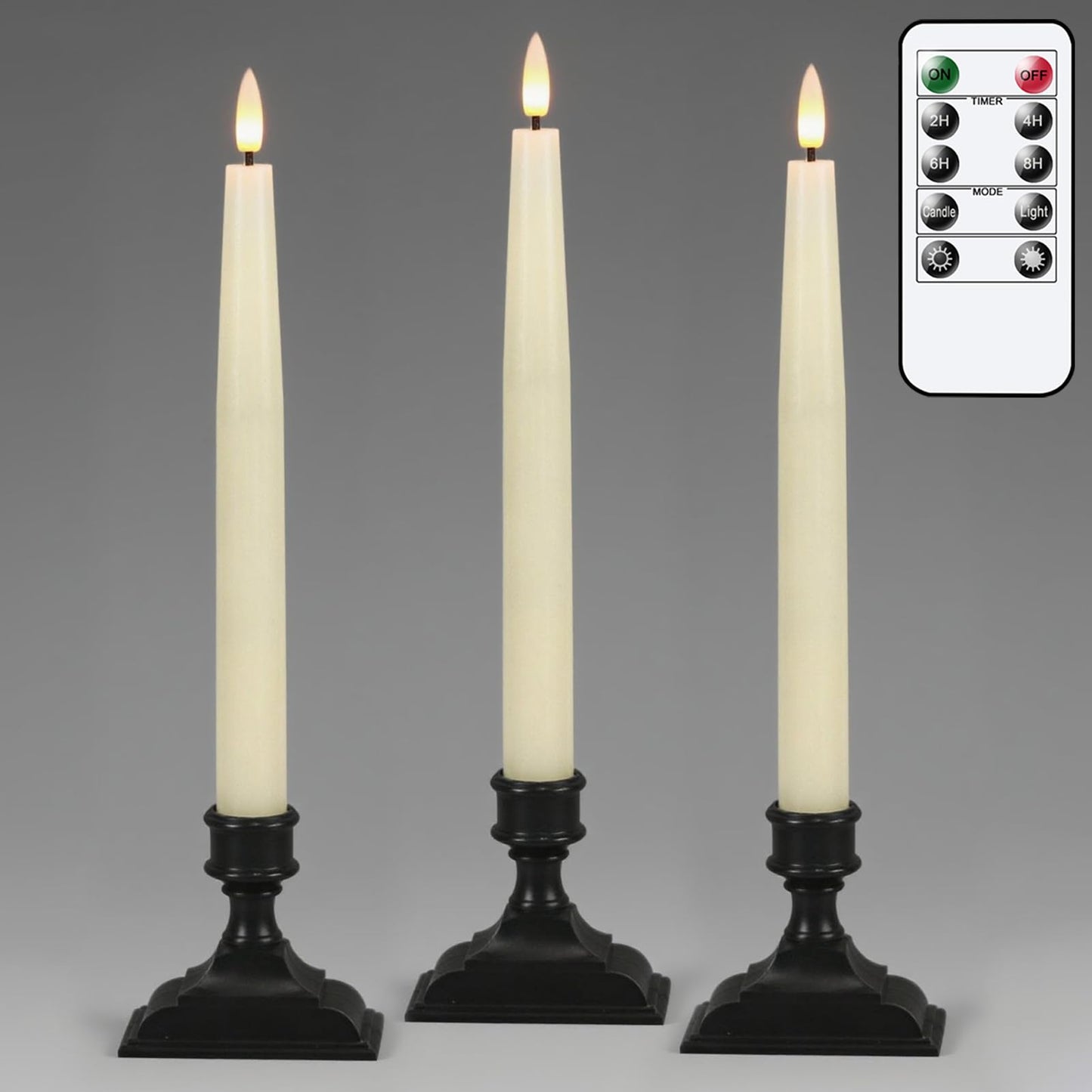 GenSwin Christmas Window Candles with Remote Timer, 3 Pcs Battery Operated Window Candles, Real Wax LED Flameless Taper Candle with Black Flameless Candlesticks for Home Decor(Ivory)