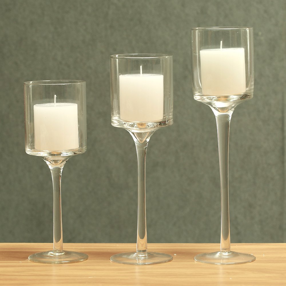 BTGLLAS Set of 3 Candlestick & Tealight Candle Holders Tall High Elegant Clear Glass Tealight Holder Suitable for Candles Under 6cm (2.36") in Diameter Fit Home Party Wedding Table Centerpiece Decor…