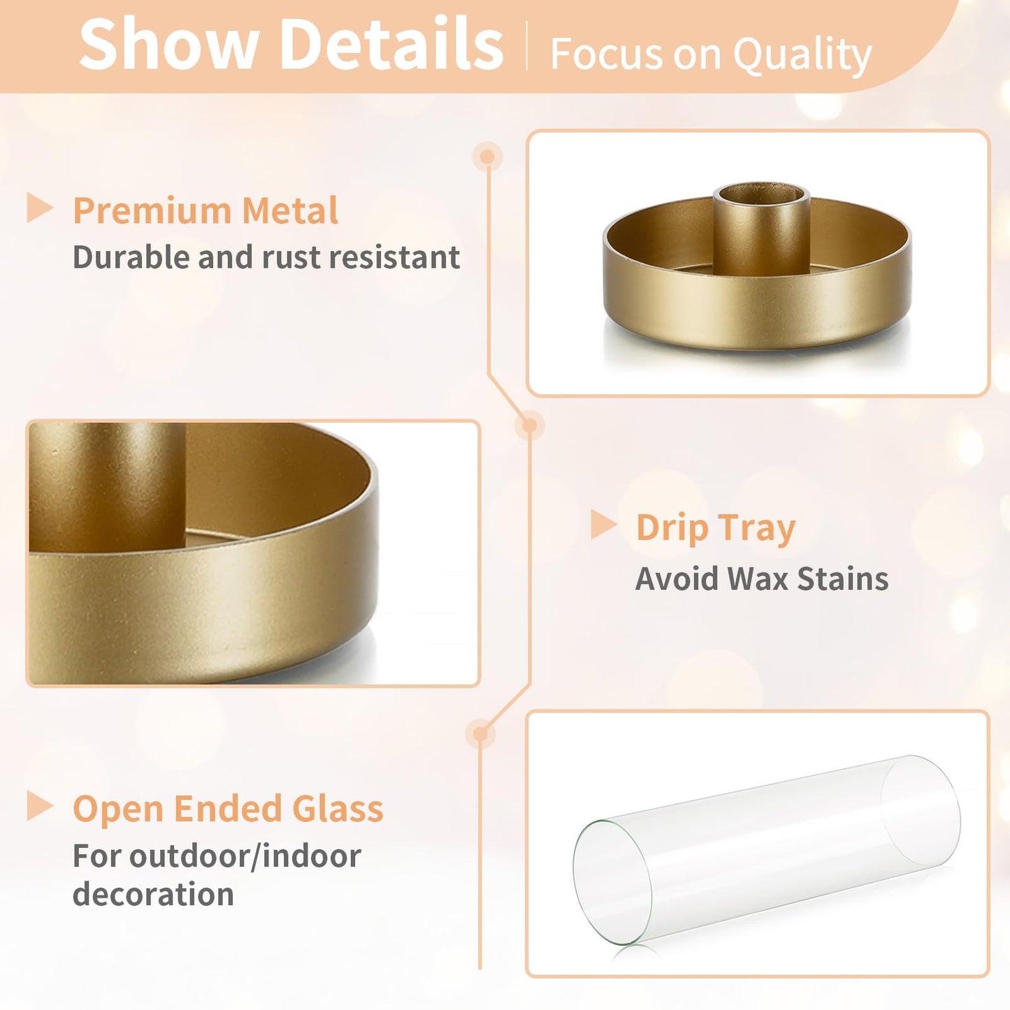 NUPTIO Hurricane Glass Candle Holders: 6 Pcs Gold Metal Taper Candlesticks Holder with 11.81 inch Long Clear Bottomless Cylinder Cover Stands for Wedding Anniversary Bridal Shower Table Centerpiece