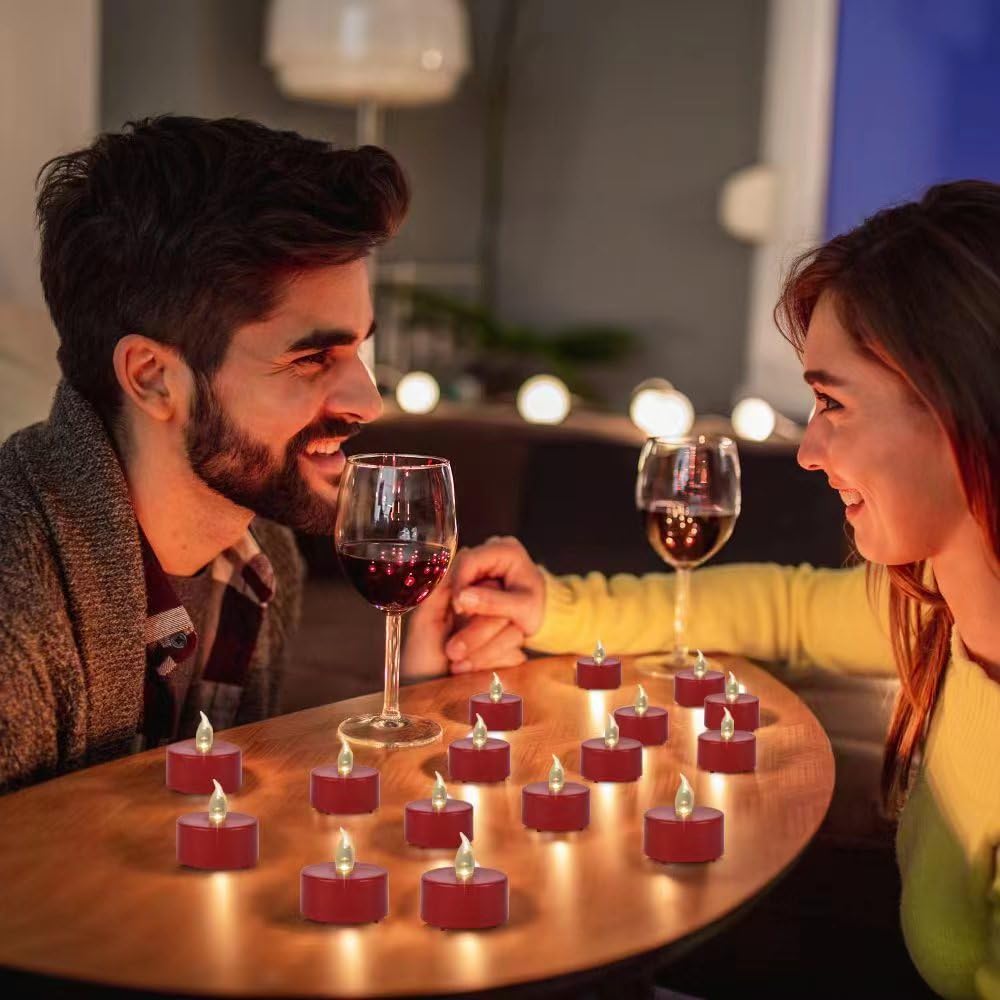 Paichi Flameless Tea Lights Candles 100 Pack LED Battery Operated Electric Votive Fake Candles Realistic Flickering and 200+ Hours Long Lasting Bright for Celebrations Festivals (Red)