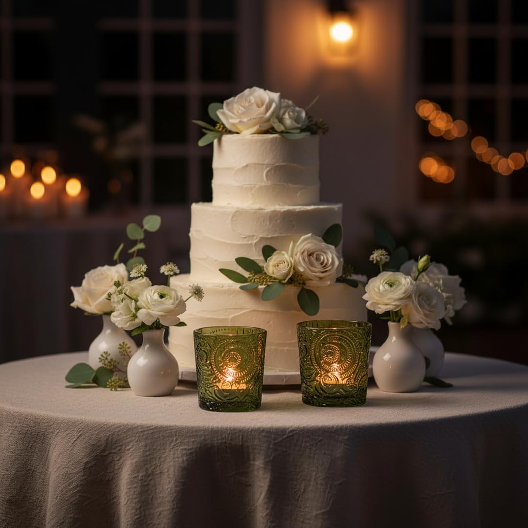 6 Pack Patented Sun Moon Star Embossed Glass Tea Light Candle Holders - Unique Votive Candle Holders for Wedding, Party, and Table Centerpieces (Moss Green)