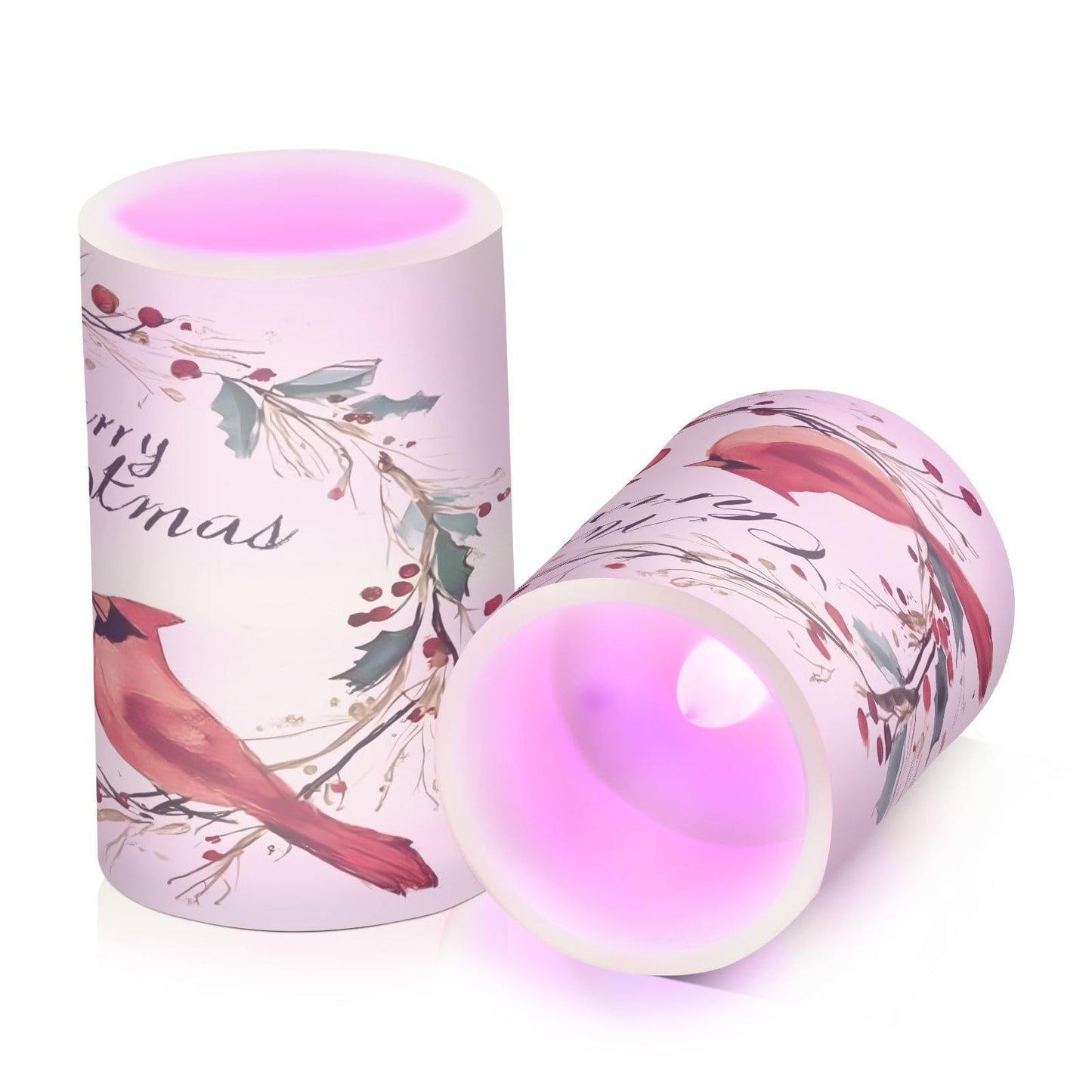 ALAZA Xmas Wreath Cardinals Red Bird Flameless Candles Flickering LED Candles with Remote Timer Battery Operated Pillar Candles Set of 2 for Dinner Holiday Decor