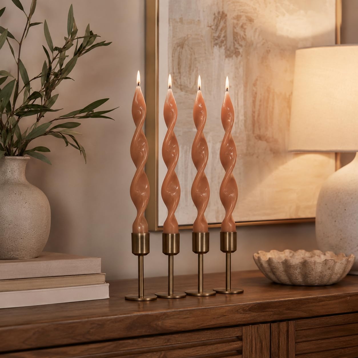 Spiral Taper Candles Set of 4, 10 Inch Terracotta Handmade Candle Stick, Unscented Tapered Candles, Twisted Candles for Wedding Dinner Home Decor Gift