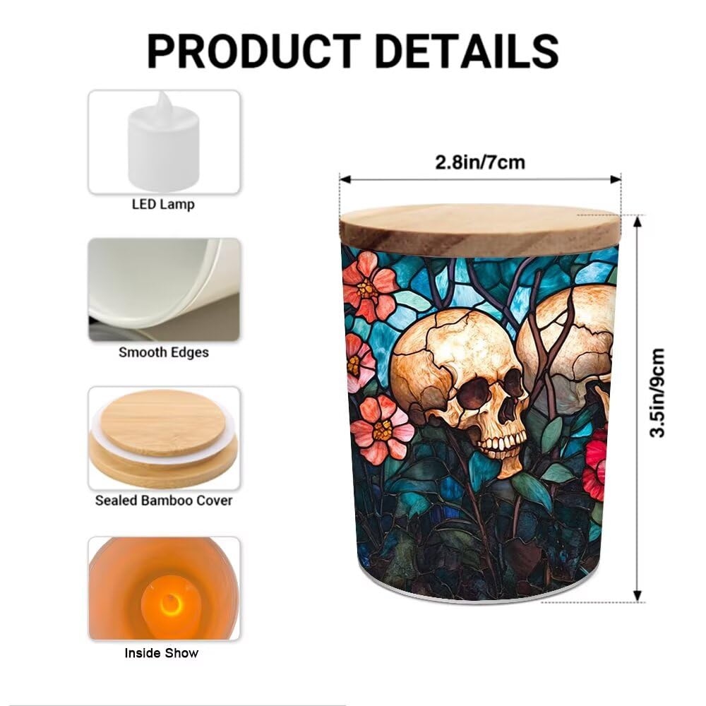 Skull Tealight Candle Holders for Table Centerpiece,Glass Jars Stainless Glass Skull Tea Lights Candle Holder LED Tea Light for Halloween,Home & Party Decor