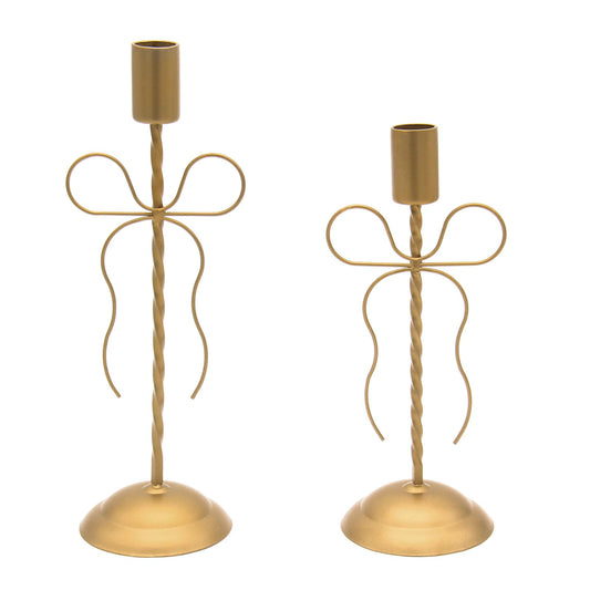 JONKASIPA 2 Sets Gold Candlestick Holders Taper Candle Holders, Vintage Brass Tall Candlesticks with Bows for Fireplace Wedding Father's Day Birthday Party Tables Centerpieces Decorations