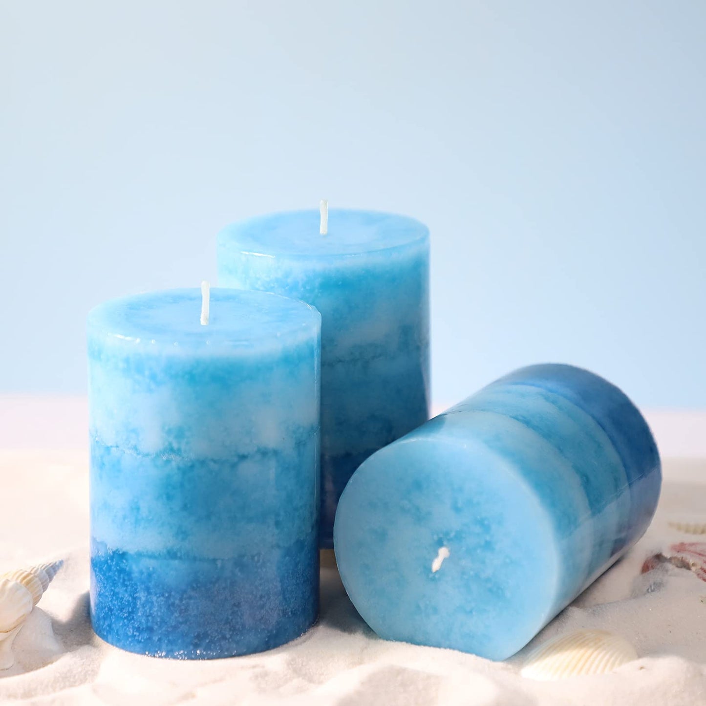 Petristrike Blue Pillar Candles for Home Scented, Set of 3 Strong Ocean Fragrance Scented Candles, 50+ Hrs Long Burning Candles Set
