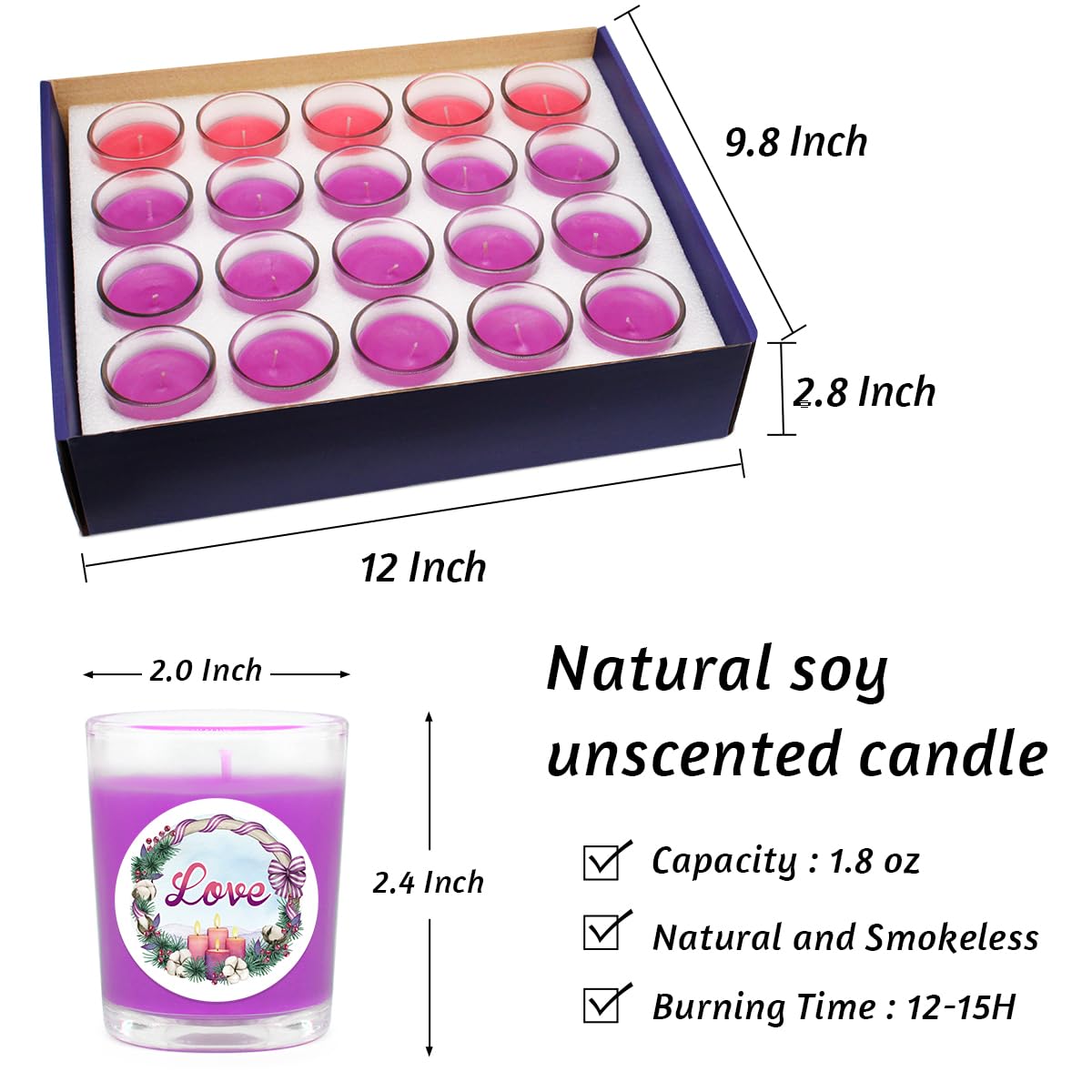 20 Packs Unscented Christmas Advent Votive Candles in Glass, Small Natural Soy Wax Colored Candles with 20pcs Stickers of Hope, Peace, Joy and Love - 5 Pink and 15 Purple