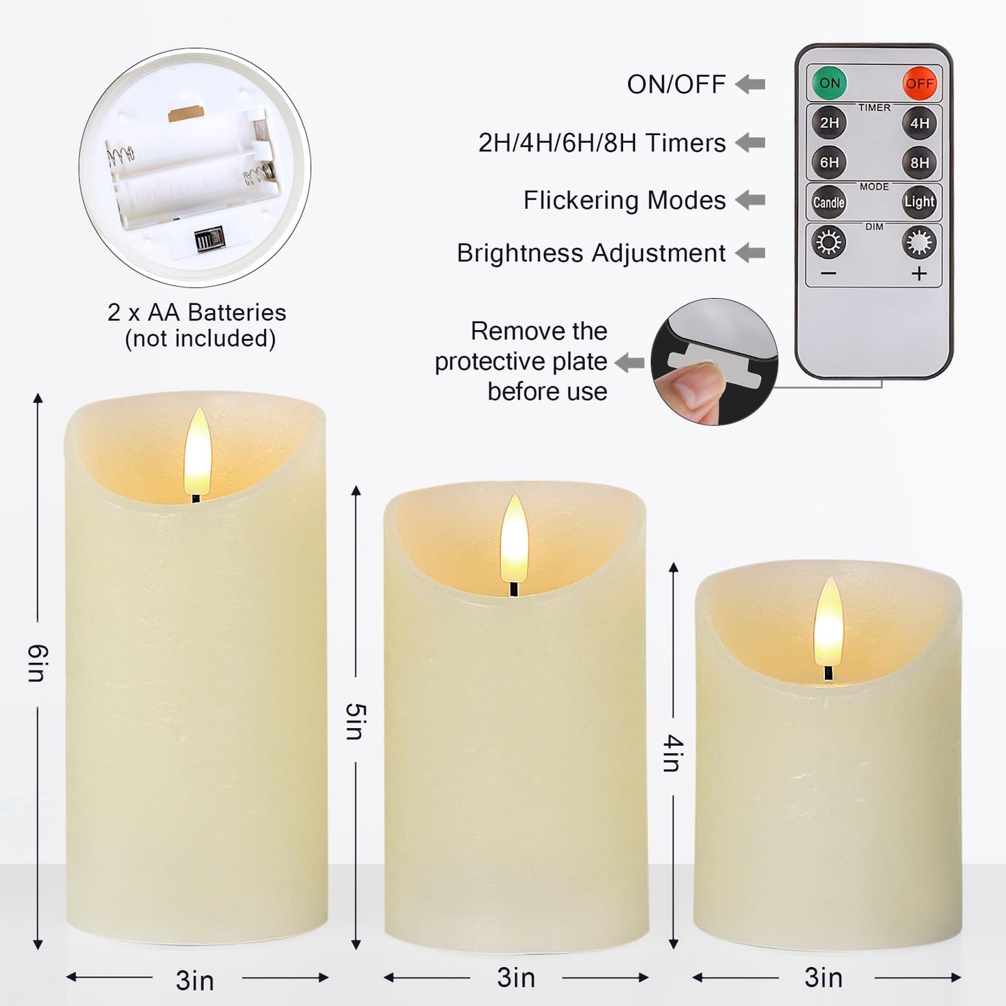 SNUGBLAKI Flameless Candles with Remote, Real Wax Battery Operated Candles with Timer, 3D Wick Ivory Fake LED Candles for Christmas Gifts Home Decor Party Wedding, D3 x H4/5"/6", Set of 3
