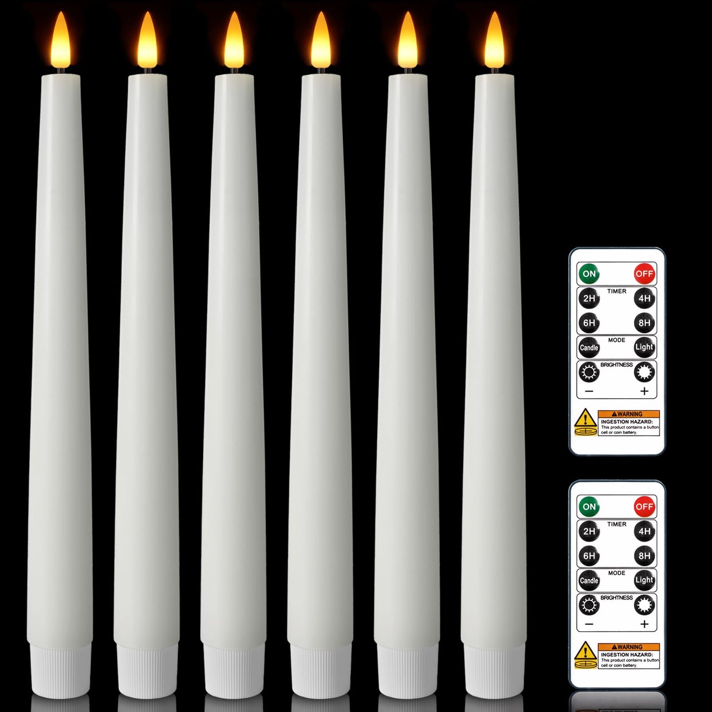 Homemory 9.6 Inches Waxy Flameless Taper Candles with Remote Timer Dimmer, Flickering LED Candlesticks, Battery Operated Window Candle for Christmas Wedding Home Decor, White, 6 Pcs