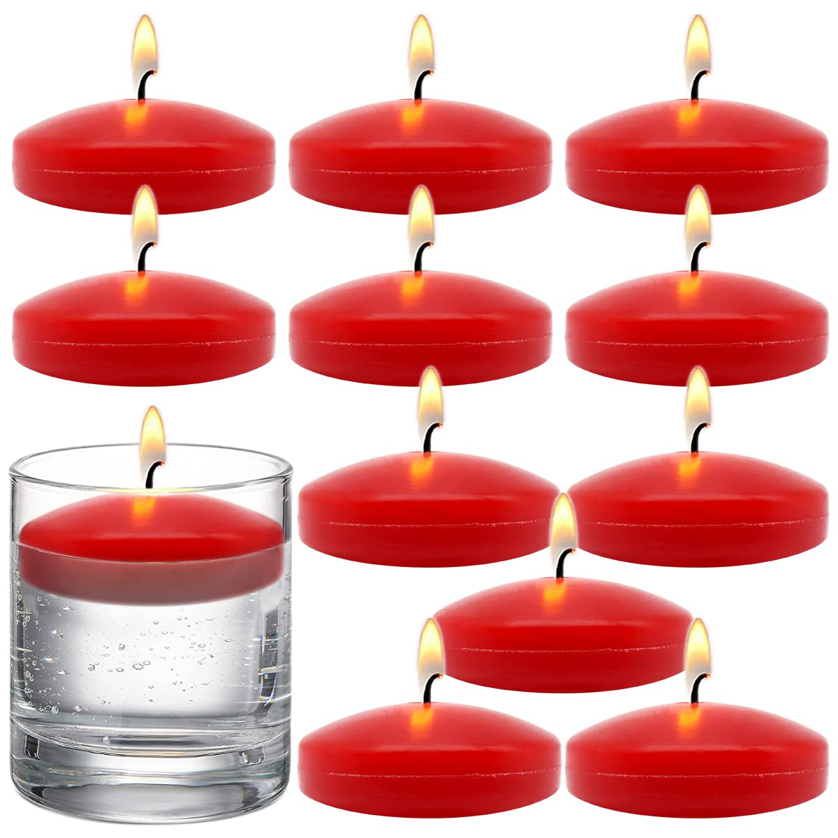 10 Hour Red Burgundy Floating Candles Large 3 Inch Unscented Dripless Pool Water Wax Candles for Vases, Centerpieces at Wedding, Party, Holiday, Set of 12