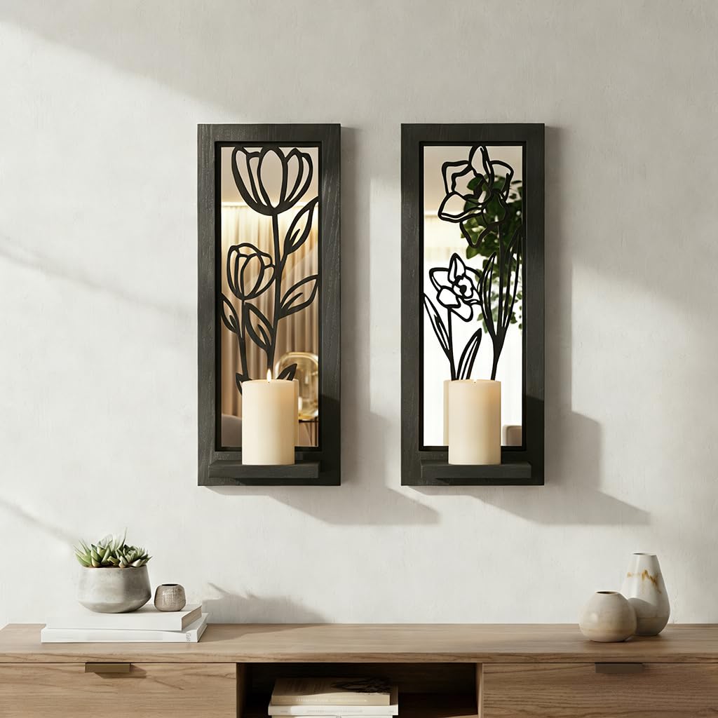 ZEXUIRU 2 Set Rustic Candle Sconces Living Room Bedroom Entryway Wood Mirrored, Farmhouse, Carved Frame Wall-Mount Wooden Candle Holders Wall Decor Hanging Handmade Holder - Black