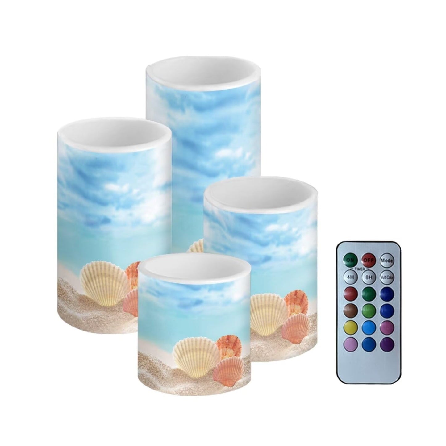 NETILGEN Flameless Candles with Remote Control, Set of 4, Color Changing Flickering Flameless LED Pillar Candles with Battery Operated, Beach Seashell Blue Decor