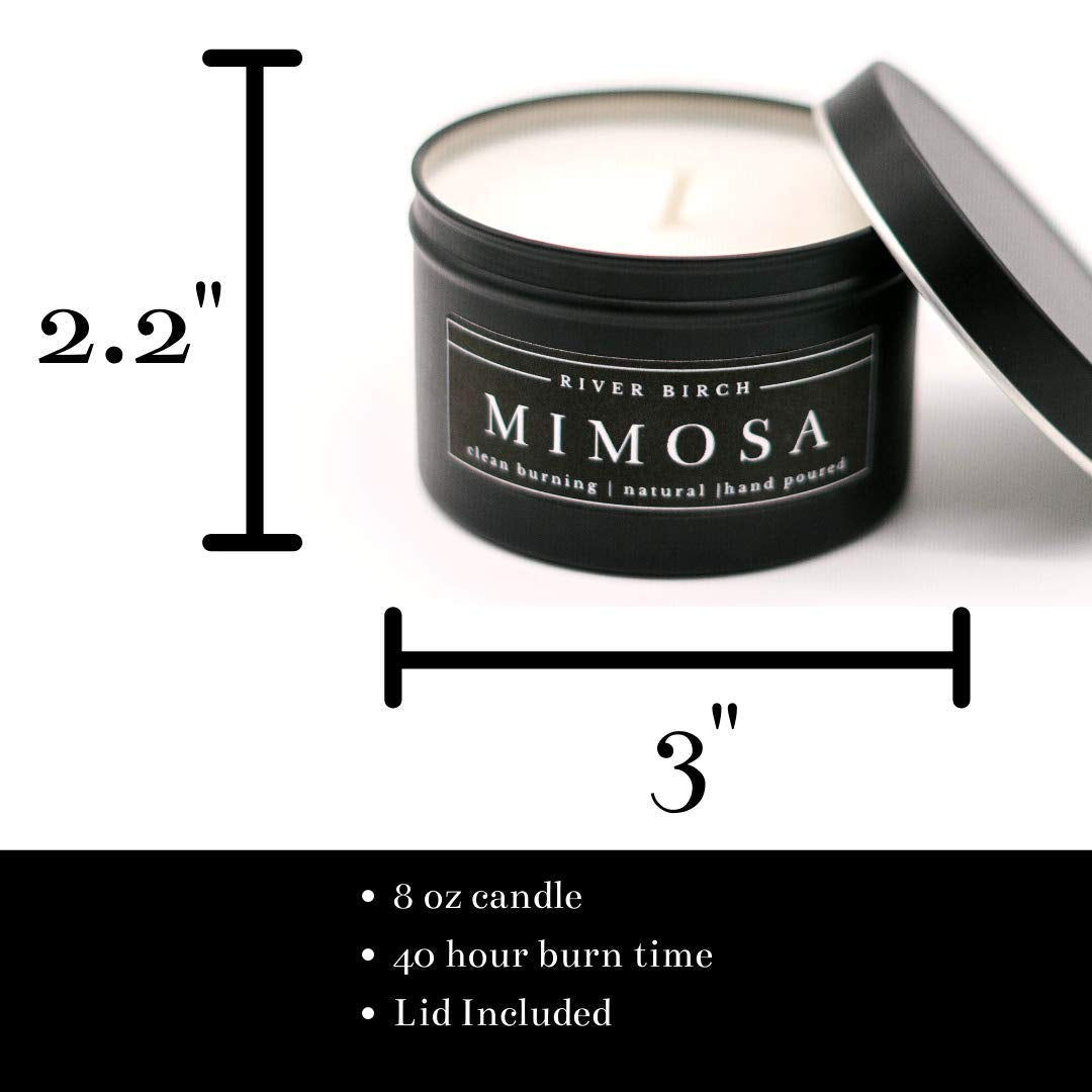 River Birch Candles Mimosa Scented Candle | Premium, All-Natural, Non-Toxic, Soy Candles | 8 oz. Black Matte Tin Travel Candle | Cozy Relaxing Gifts for Home