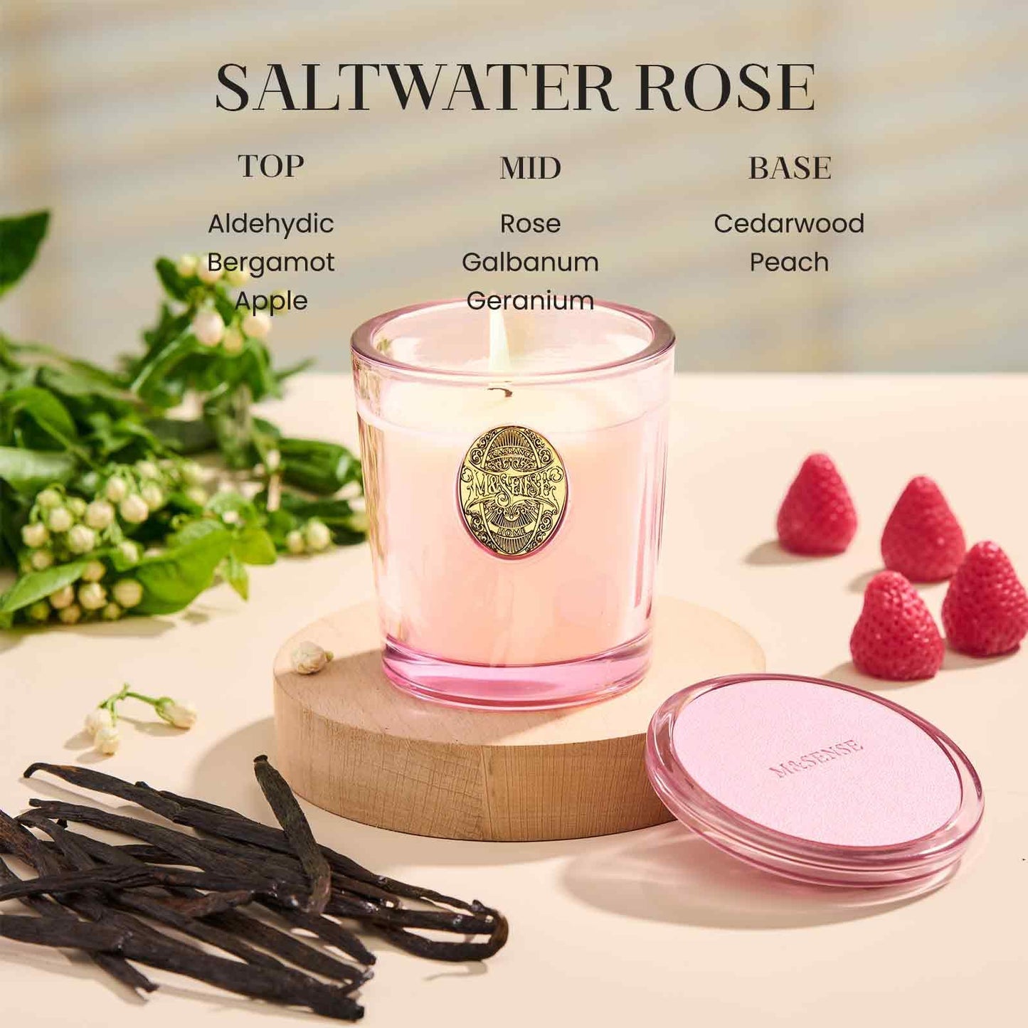 M&SENSE Natural Soy Candle | Saltwater Rose & Pink | 9.2 oz, 50H Burn Time | Candle Gift for Her | Scented Candle for Valentine’s Day