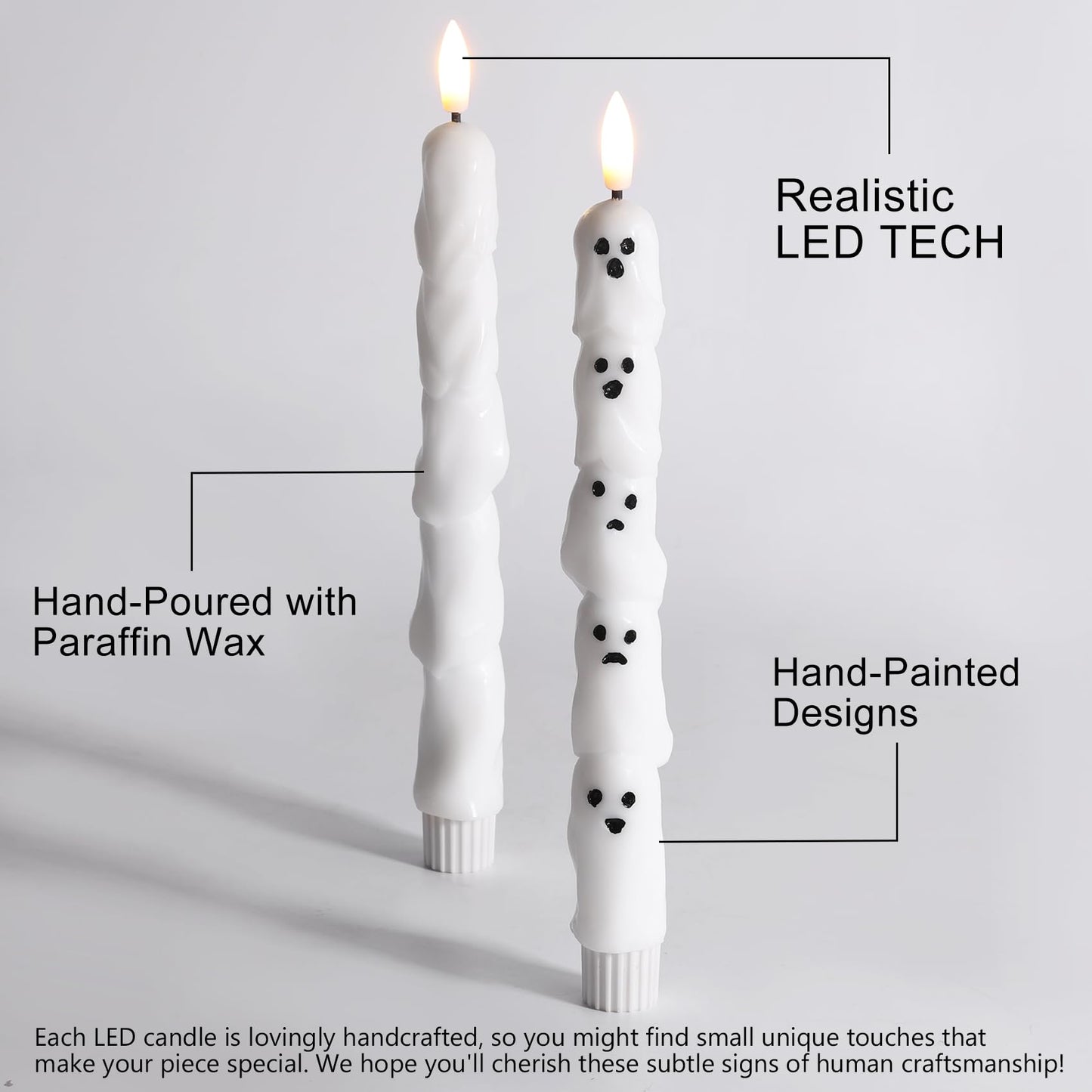 Eywamage Halloween Flameless Taper Candles with Remote, White Ghost LED Candlesticks Battery Operated Flickering Real Wax Set of 2