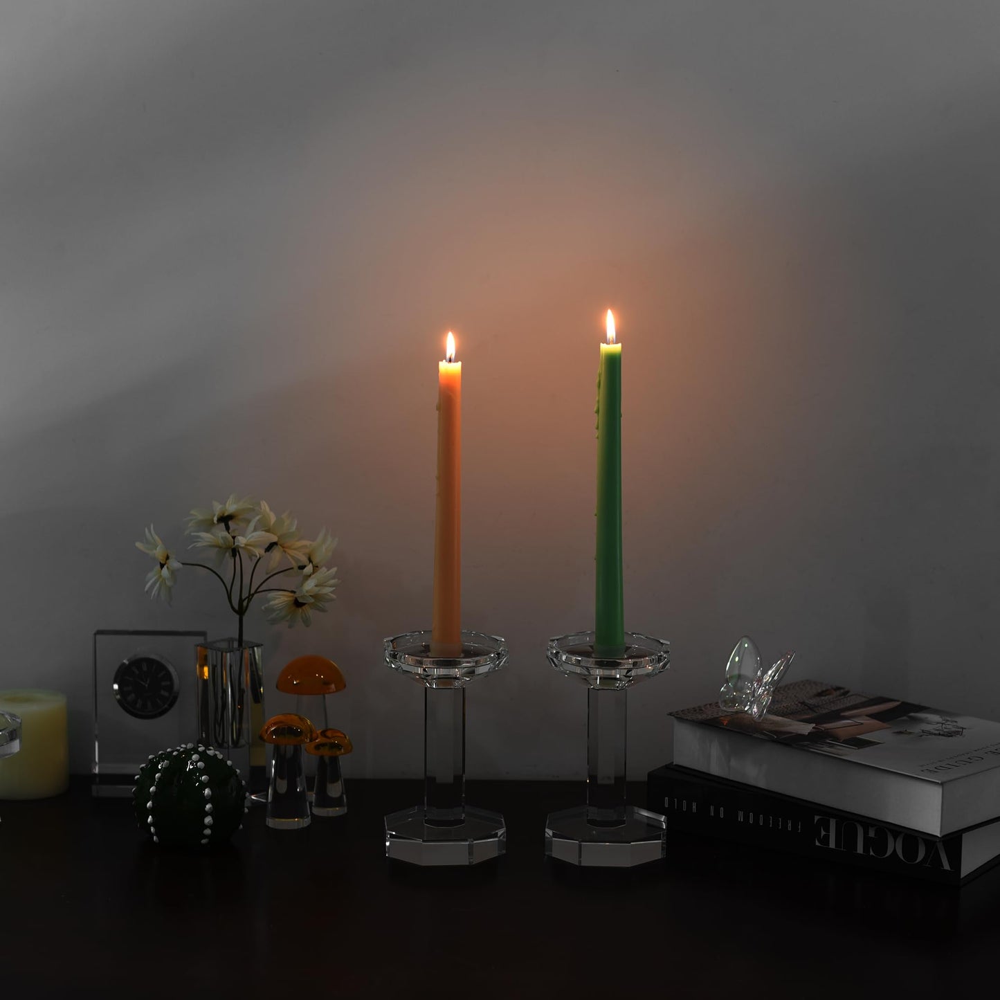 kitCom Crystal Candle Holders Set of 2, 6.1 Inch Tall Crystal Candlestick Holders for Taper, Long Candles - Home Decoration, Wedding, Housewarming and Graduation Gifts