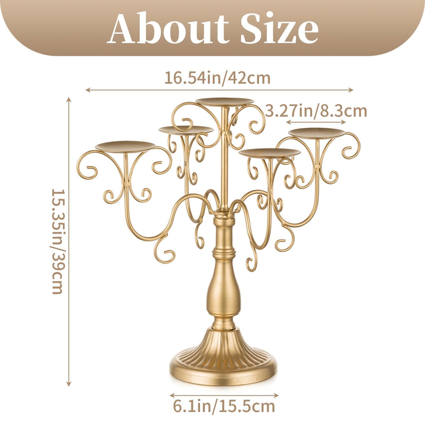 Sziqiqi Gold Candelabra Candle Holder - 5 Arm Pillar Candle Holders with Crystal Beads for Christmas Table Centerpiece Halloween Wedding Candleholders Decoration Set of 2