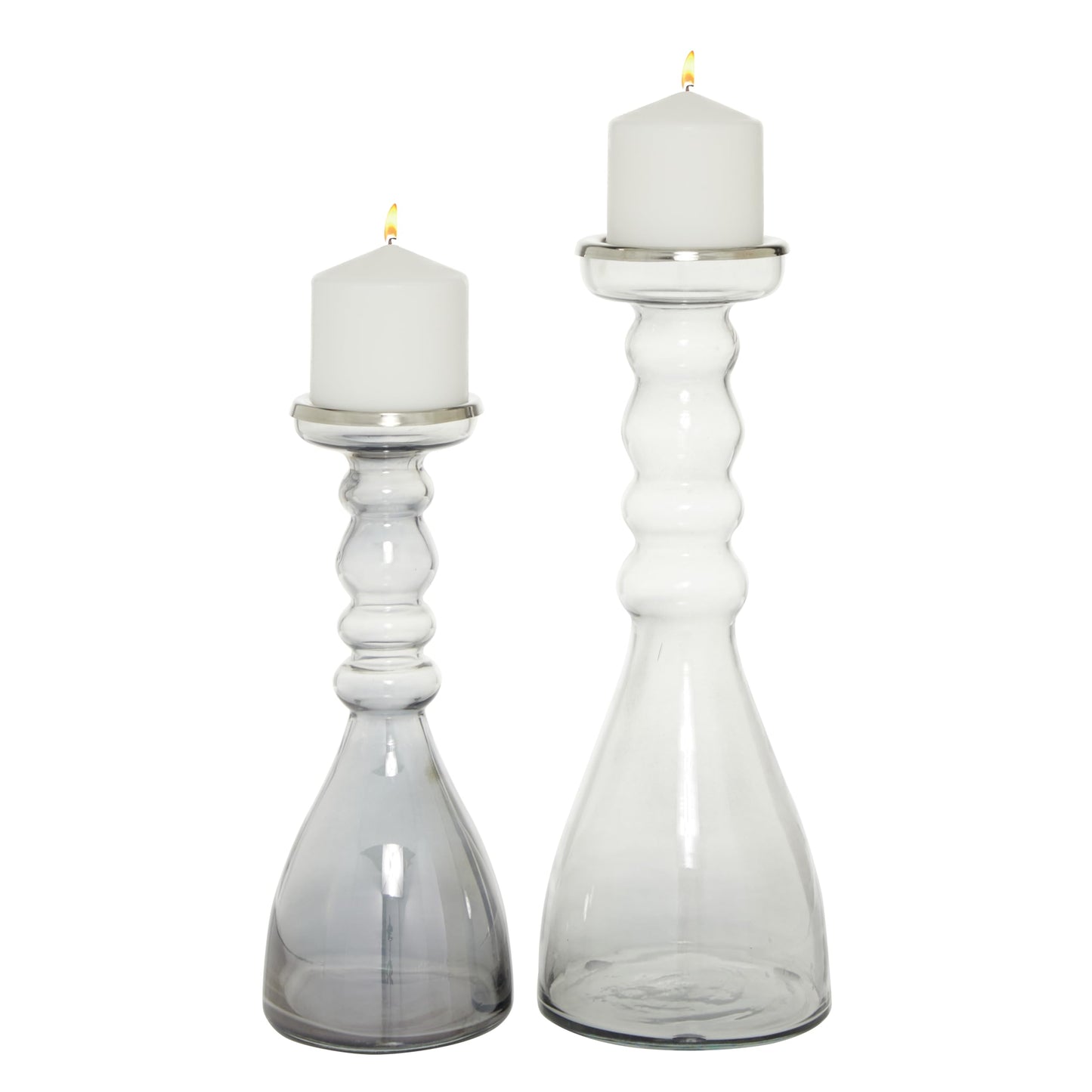 The Novogratz Glass Handmade Bubble Pillar Candle Holder, Set of 2 11", 14"H, Gray