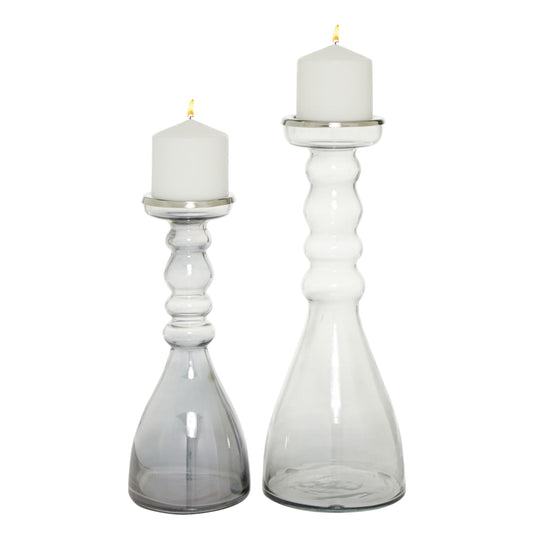 The Novogratz Glass Handmade Bubble Pillar Candle Holder, Set of 2 11", 14"H, Gray