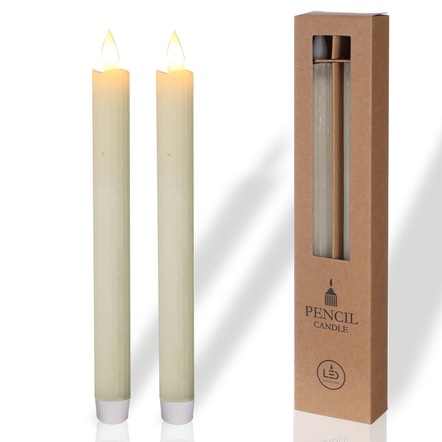 comforder Flameless Taper Candles – Flickering LED Flame with 6H Timer – Real Wax, Ribbed Design – Battery Operated Set of 2 – 10" Tall (Cream)