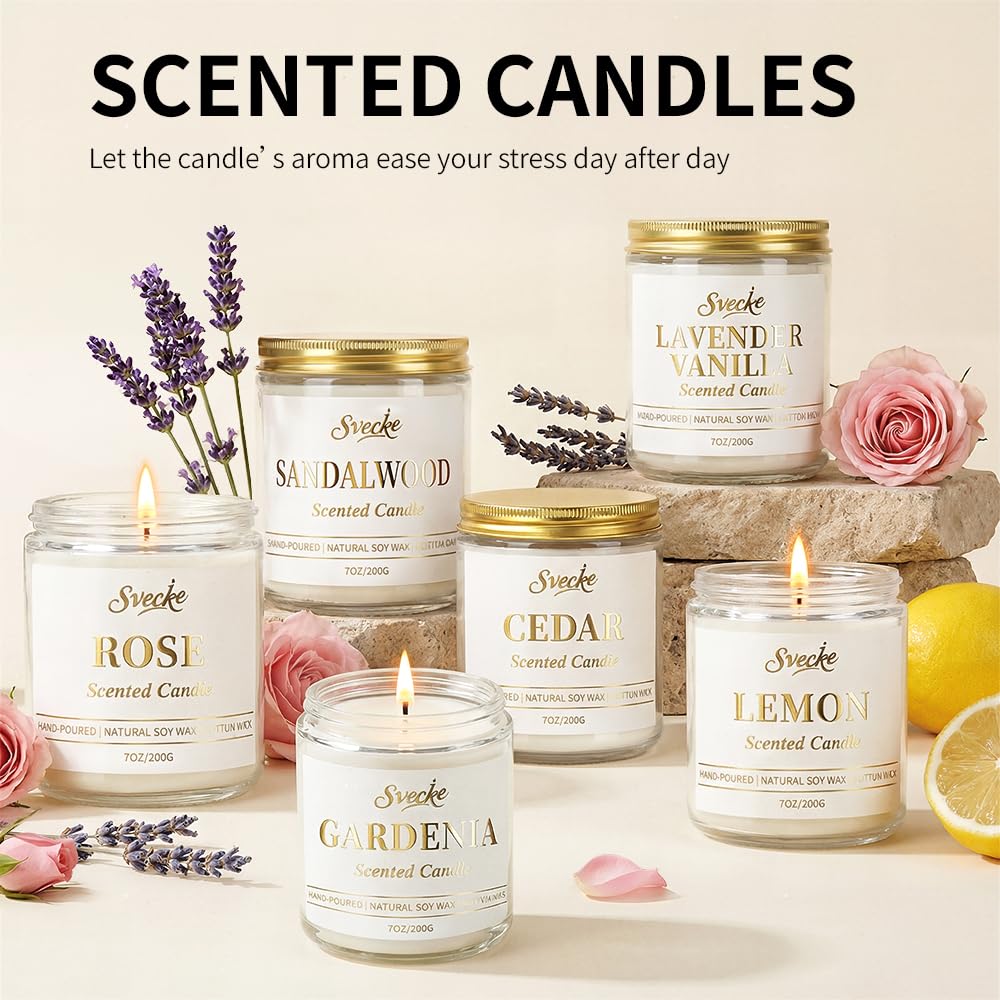 SVECKE Sandalwood Scented Candle 7oz Soy Wax Jar Candle Long Burning Aromatherapy Candle for Home Bedroom Gift for Women Men Housewarming New Home Gift