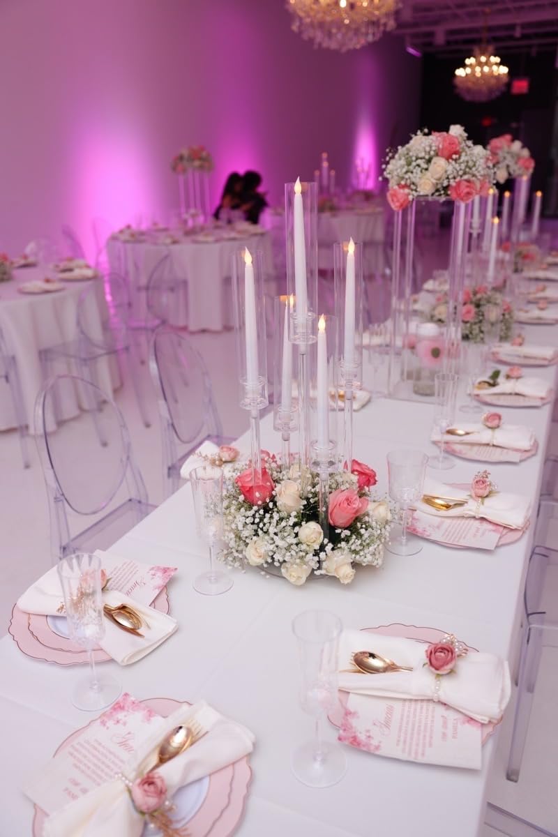10pcs 5 Arm Acrylic Candelabra Centerpieces for Table,26inches Tall Clear Candlestick Holder Wedding Centerpieces for Party Birthday Dinner Event Fireplace Decortion Fit 0.87 led Candle