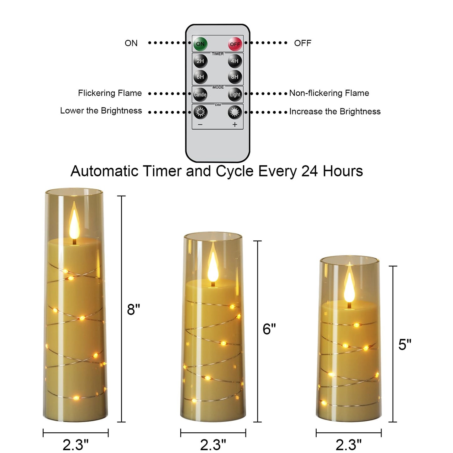 Wondise Flameless Flickering Candles with Embedded Star String Remote and Timer Battery Operated Flickering LED Candles Durable Acrylic Shell Pillar Candles for Christamas Home Decoration (Grey