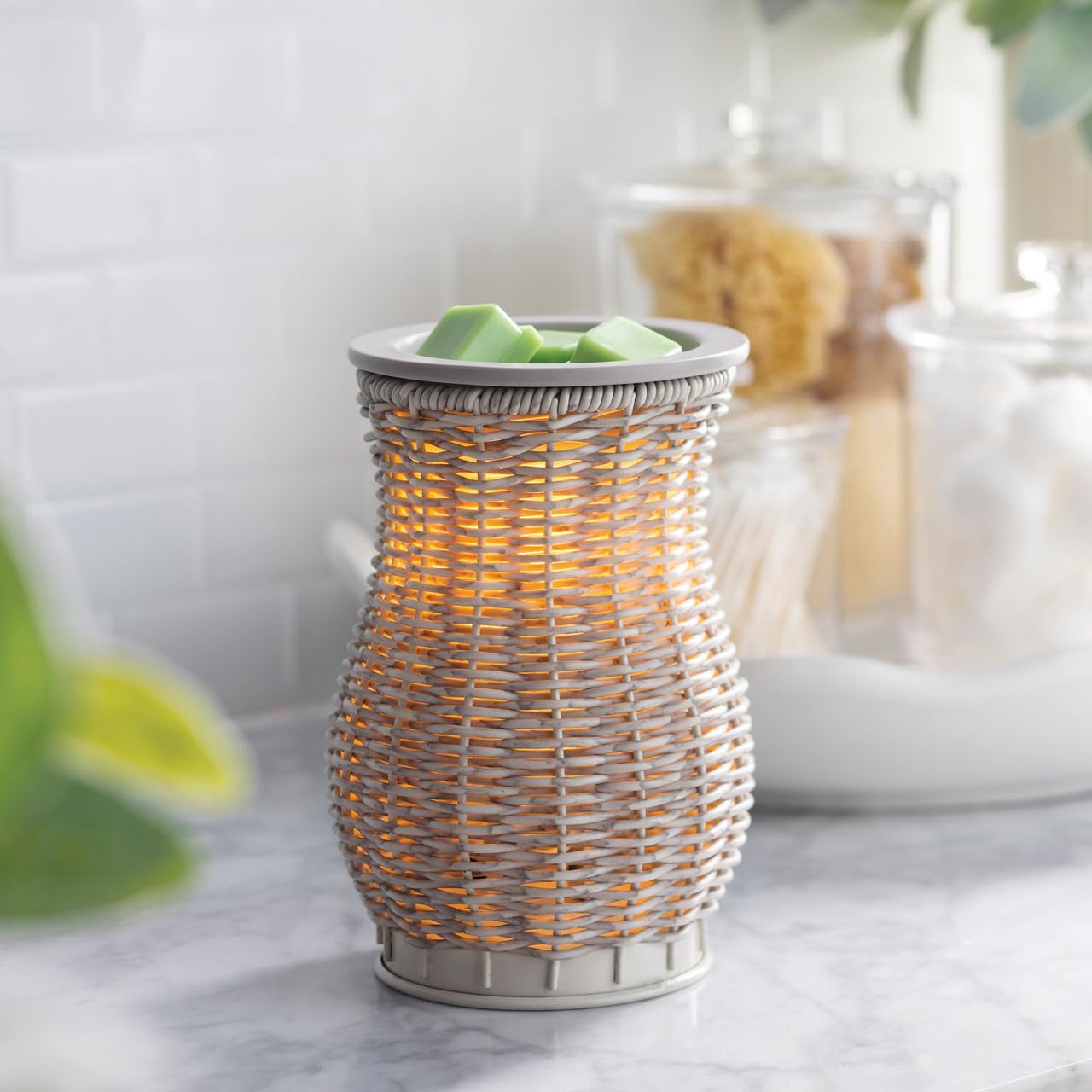 Candle Warmers ETC. Illumination Fragrance Warmer- Light-Up Warmer for Warming Scented Candle Wax Melts and Tarts or to Freshen Room, Graywash Wicker