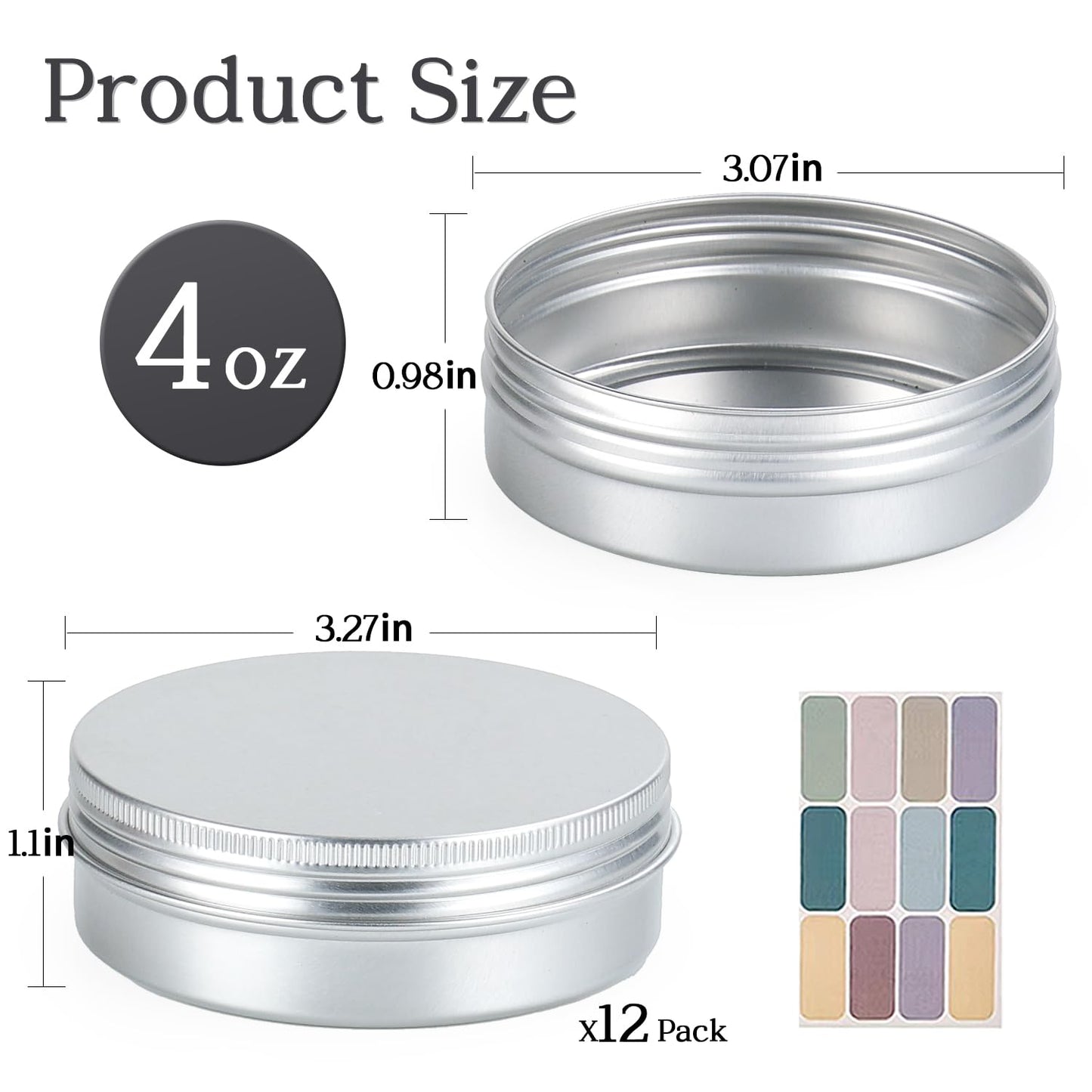 LIYAR 12 Pack 4 oz Tins with Lids, Round Salve Tins 4oz Tin, Wide Mouth Aluminum Tin with Lids 4oz Metal Containers Salve Containers for Spices,Candles or Salve(Silver)