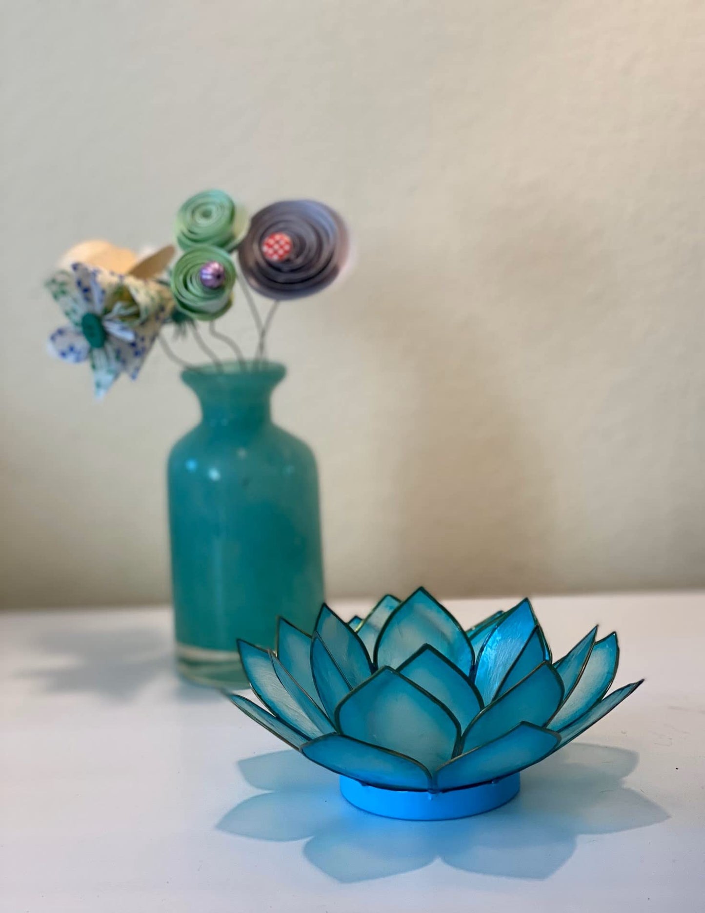 Om Gallery Capiz Shell Lotus Flower Decor Tealight Candle Holder for Serene Ambiance -Decorative Candle Holders for Meditation, and Relaxation, Cool Water