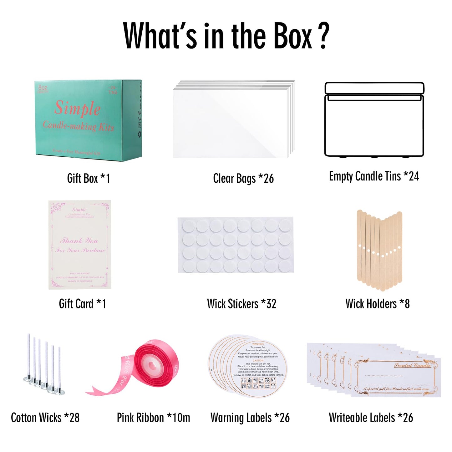 MeiGlow Empty Candle Tins for Making Candles, 24 Pack(12 Colors) 8 oz with Lids, Cotton Wicks, Wick Stickers, Holders, Labels, Pink Ribbon and Transparent Bags (8 oz)