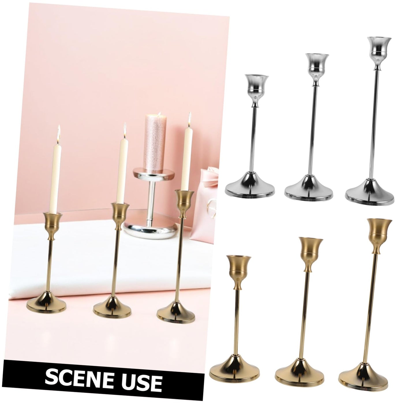 SWOOMEY 6pcs Metal Candlestick Holders for Taper Candles Secure Support and Polished Shiny Finish, Elegant European Craftsmanship, for Dinner Table Centerpiece and Wedding Events Décor