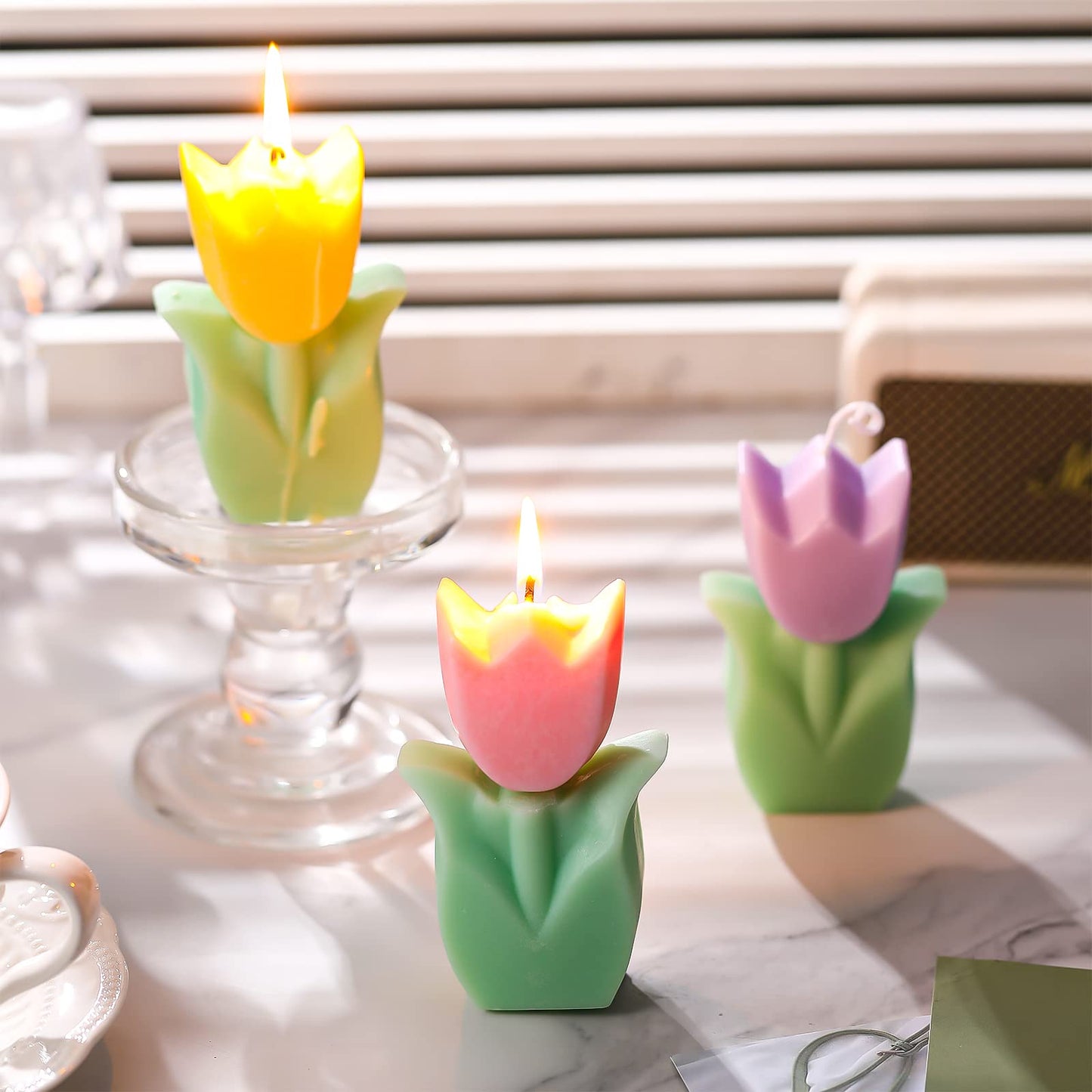 Ferraycle 3 Pcs Flower Tulip Shaped Candles Aesthetic Cute Paraffin Wax Decorative Candle for Gift Wedding Party Favors(Pink, Yellow, Purple)