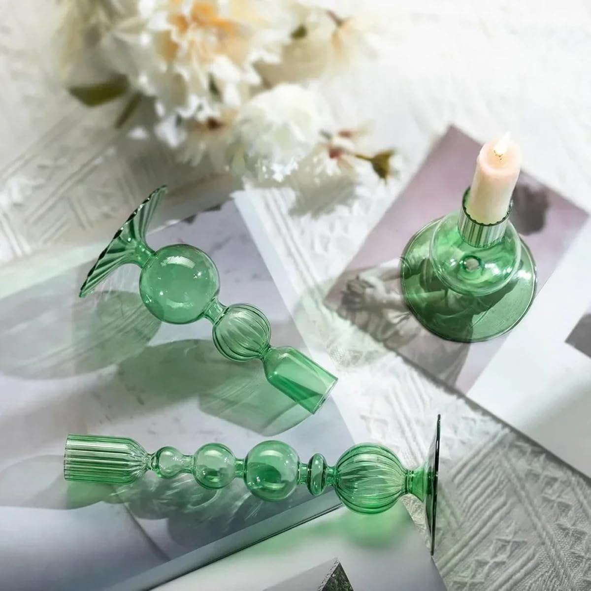 Mineaud 3Pcs Glass Candlestick Holders Glass Taper Candle Holders Groovy Wavy Elegant Candle Stick for Home Party Decoration,Green