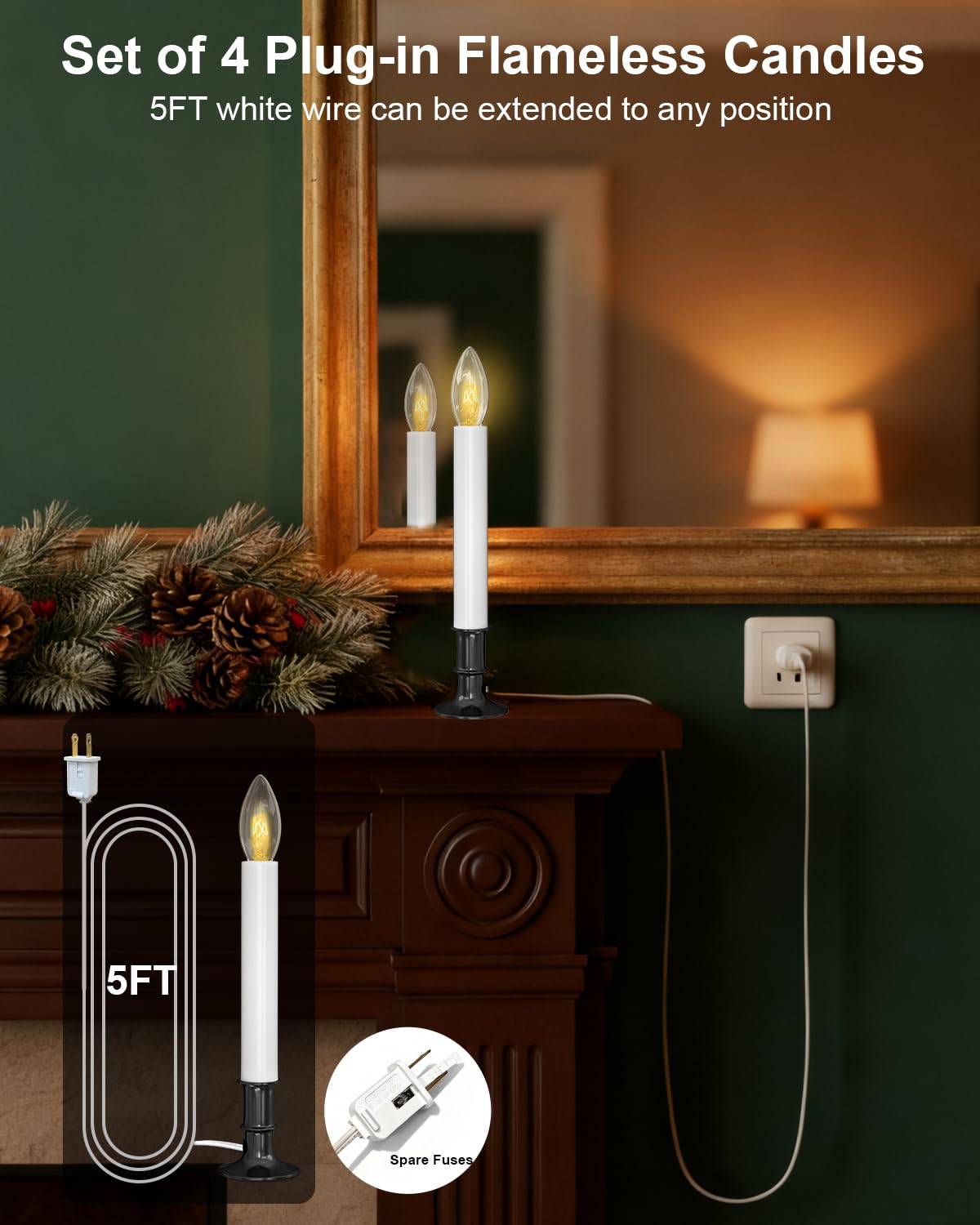 4 Pack Christmas Electric Window Candles, Christmas Candles with Dusk-to-Dawn Auto Sensor, Plug in Candle with 7W C26 Light Bulbs, Turns On in Dark - Off in Light