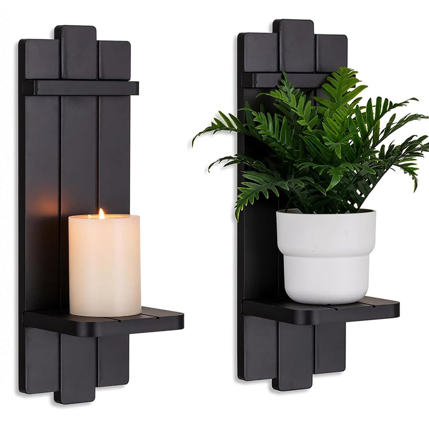 Candle Sconces Black Wall Decor Set of 2 - Wood Wall Candle Holders Set of Two for Small Plants Pillar Candles Tealight - Gothic Distressed Decor for Living Room