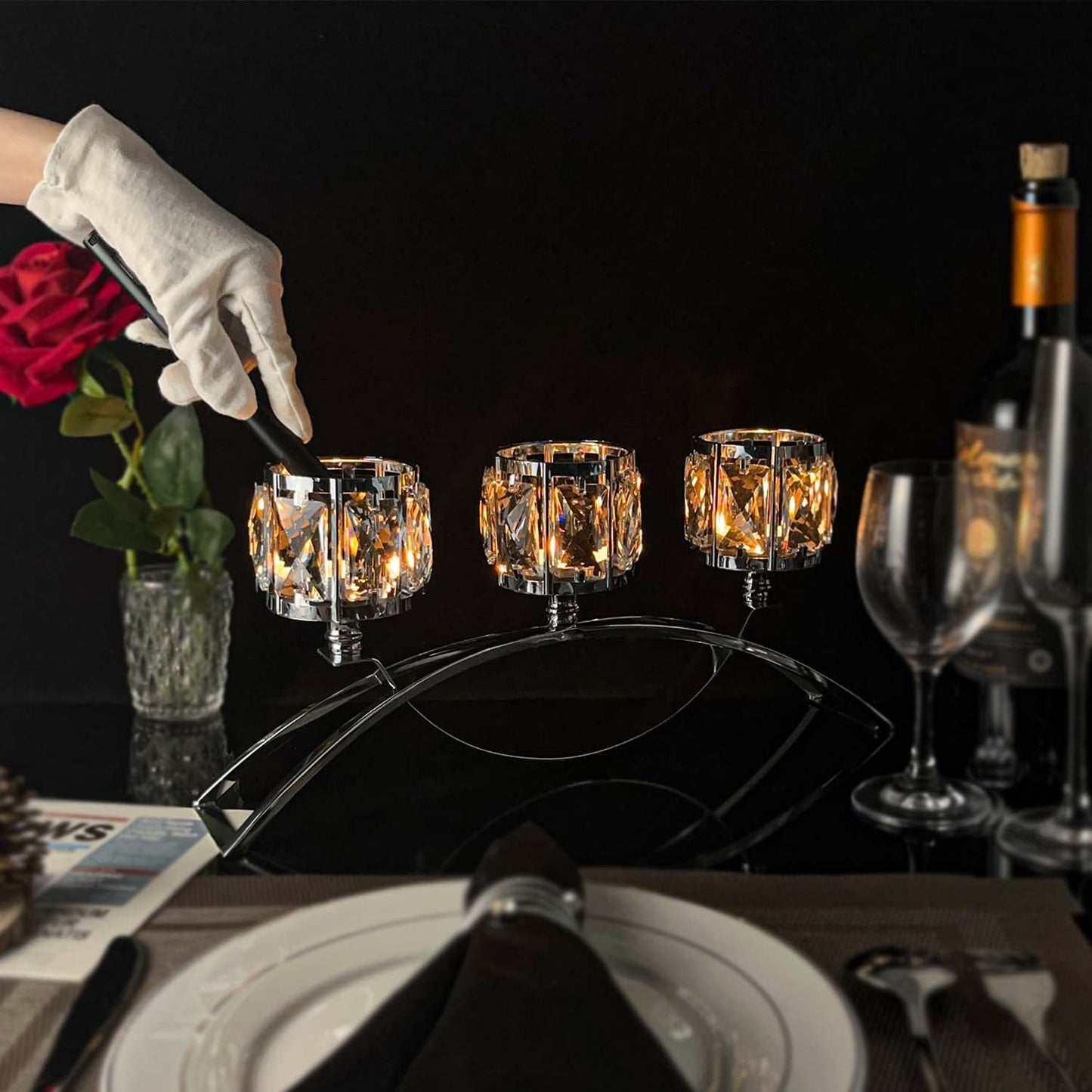 KEHAIL 3 Arms Crystal Candle Holders, Arch Candlestick Table Candelabras Centerpieces for Wedding, Dinning Room, Cabinet Ornaments, Home Decoration， Gift (3-arm Arched, Silver)