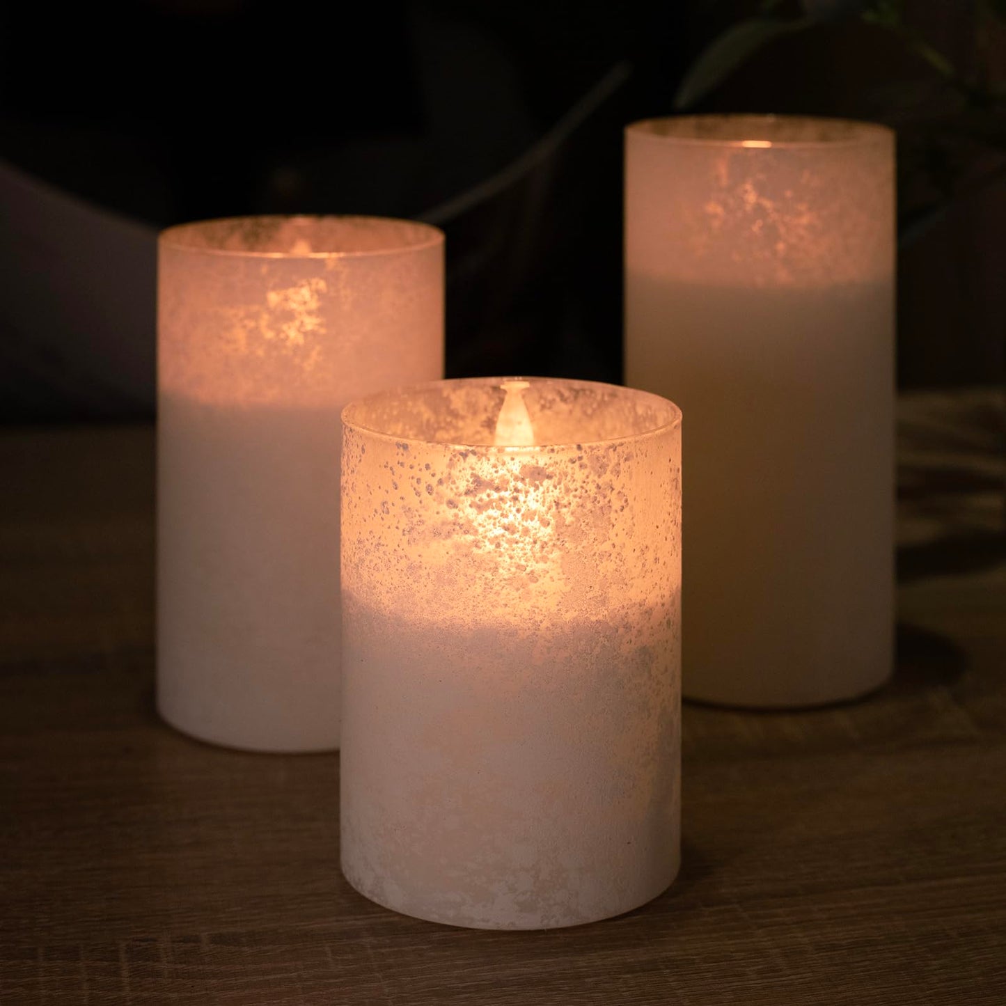 HJANDHJ Flickering Flameless Candles with Remote, Battery Operated Candles with Timer, Sandblasted Glass LED Pillar Candles for Christmas/Home Decorations(White,Set of 3)