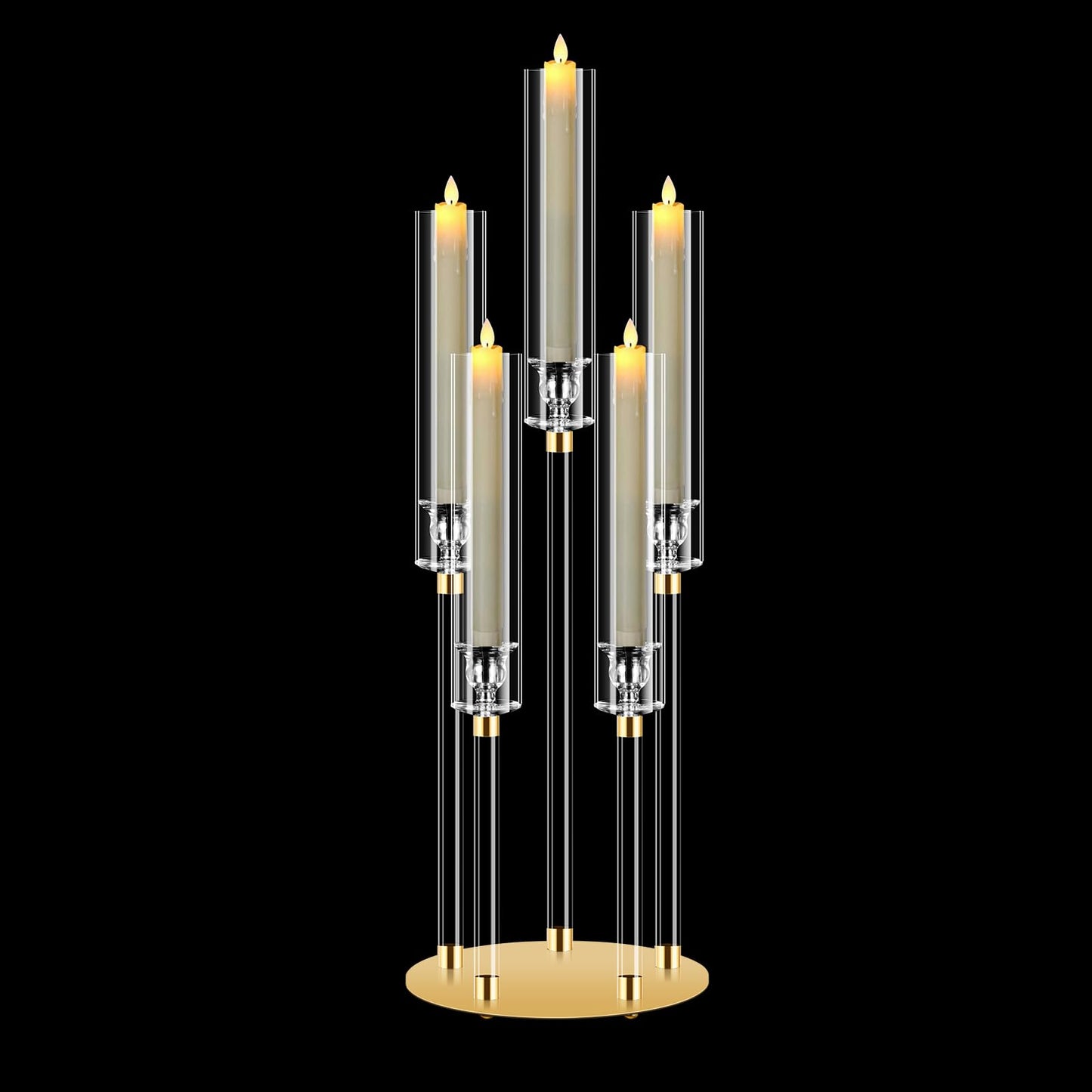 5 Arm Gold Candle Holder, Mjkeomo 26'' Tall Candelabra Centerpieces for Tables Clear Candlesticks Holder for Housewarming Gift Fireplace Halloween Christmas Wedding Decor Fit 0.82'' LED Candle