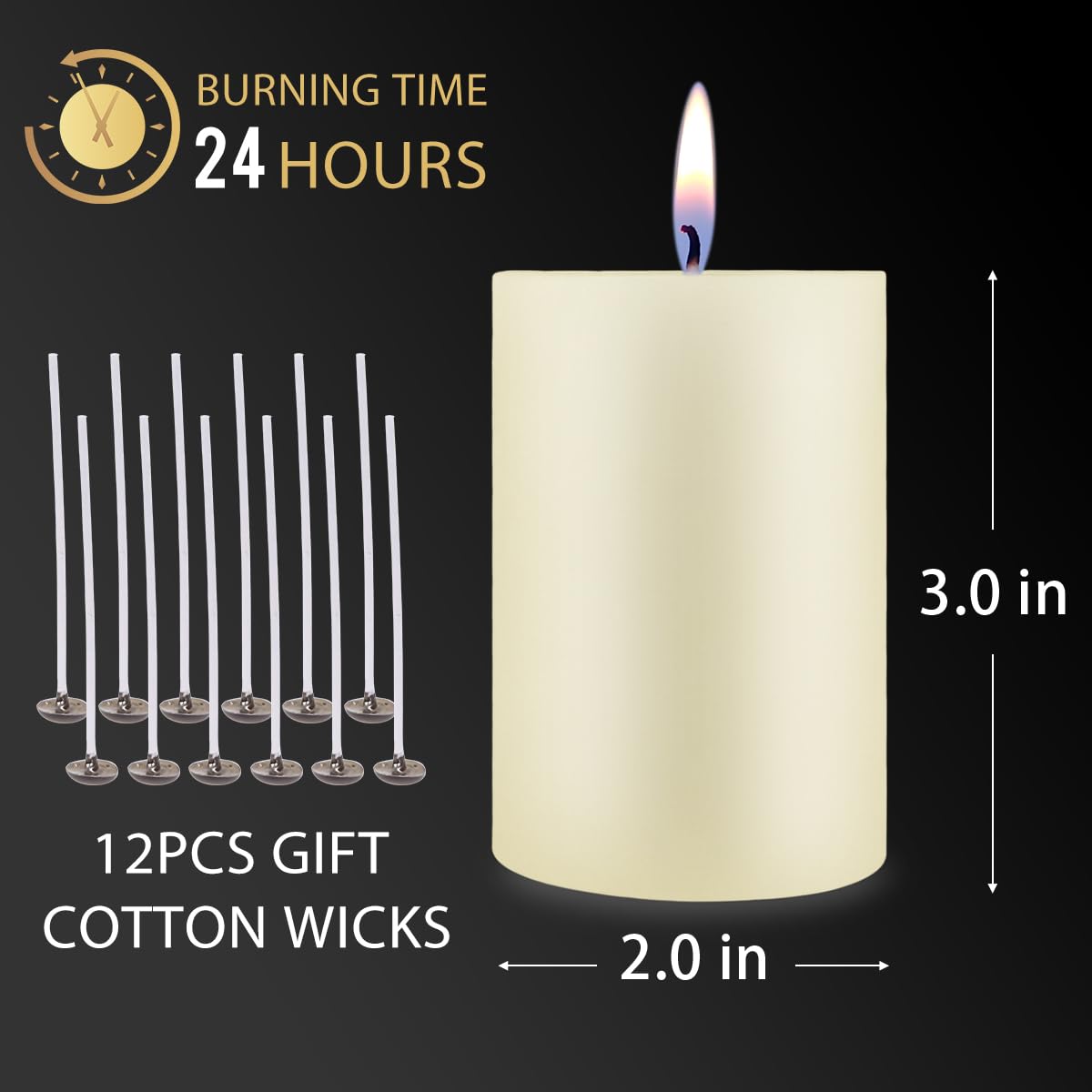 2"x3" Ivory Pillar Candles, Hand-Poured Candles Set of 12, Emergency Candles, Dripless Pillar Candles for Weddings, Parties, Halloween, Church, Home Décor