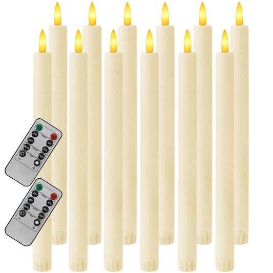 Sunjas 12PCS Flameless Taper Candles with 3D Flickering Flame Battery Operated Candles with 2 Remote with Button Cell Battery 10 Inch Ivory LED Candlesticks Window Candle for Christmas Home Decor