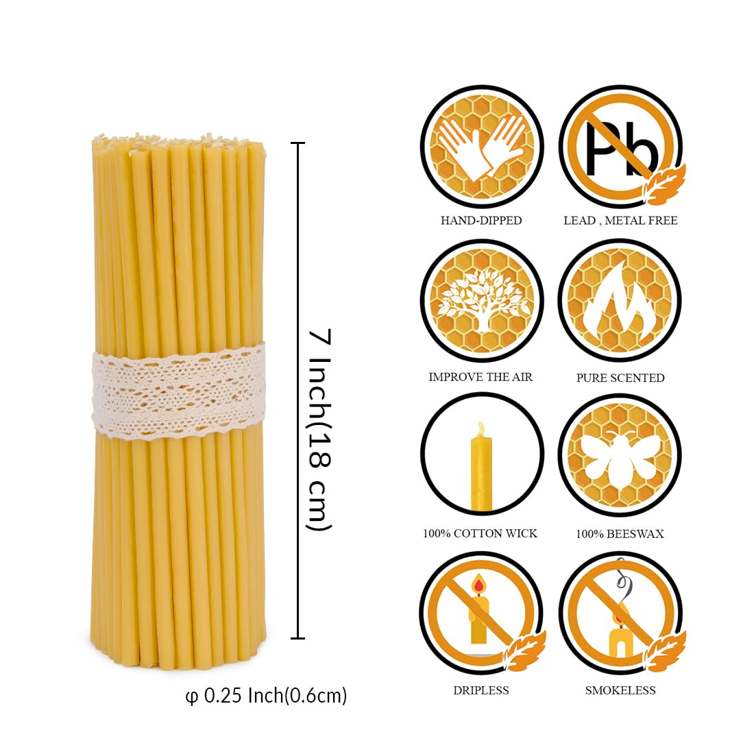DEYBBY Beeswax Birthday Candles – 7.3'' 40 Pack Thin Beeswax Taper Candles - Dripless and Smokeless Candles for Home, Dinner, Cake, Prayer, Church, Hanukkah, Christmas