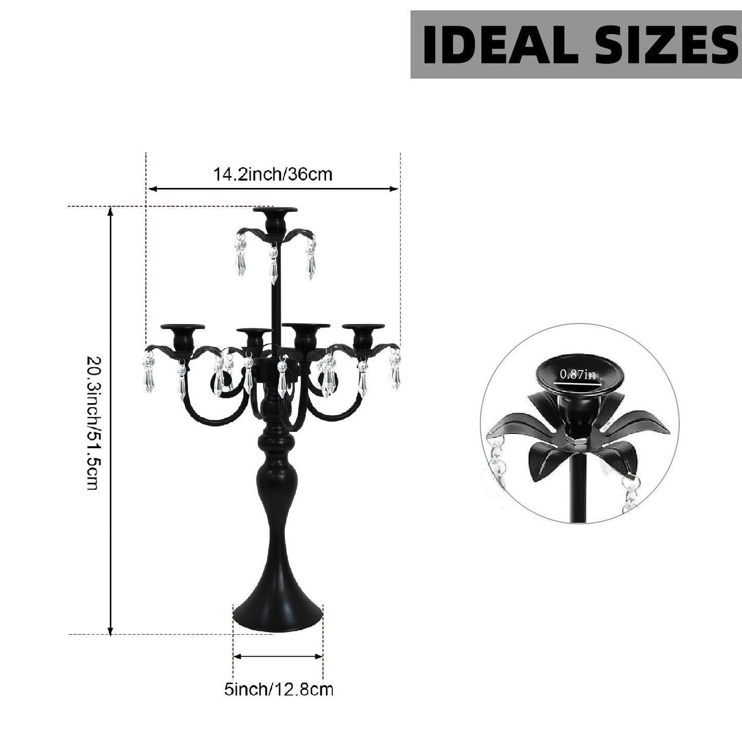 2Pcs Candelabras Centerpieces for Tables, 20" Tall Candlestick Holder for Taper Candles, 5 Arm Crystal Candelabra Candle Holder for Wedding Centerpiece Decor Party Event Reception Decoration (Black)